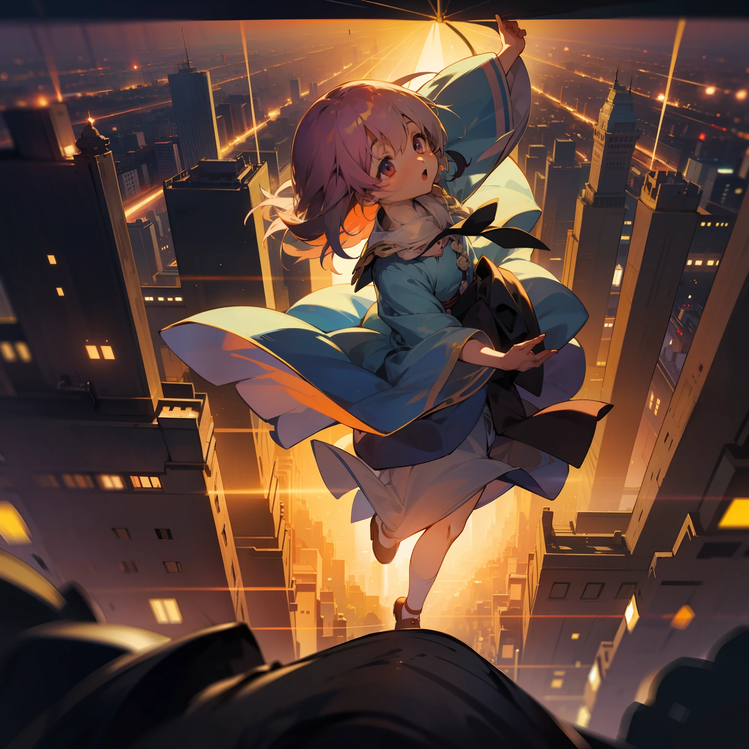Translucent Saigyoji Yu々A child flies in the sky、Girl in the air、On the streets of a bustling city、There are many lights that make the background blurry and brighter, No humans, City lights, city, Night, Scenery, A light, Cityscape, Blurry