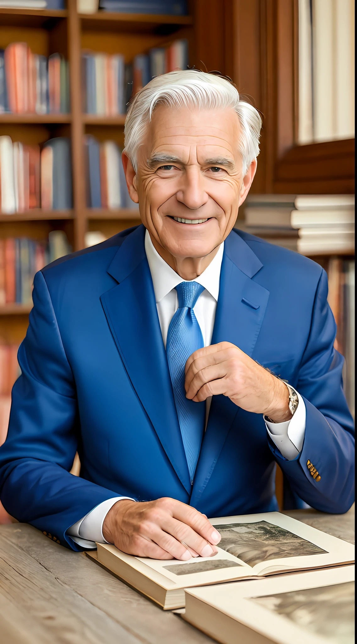 Realistic, image, photography, real photo printing, bookshop in the background, real person, white hair, old man, 65 years old, suit, blue tie, wooden table, sitting on table, hands crossed, serious smile