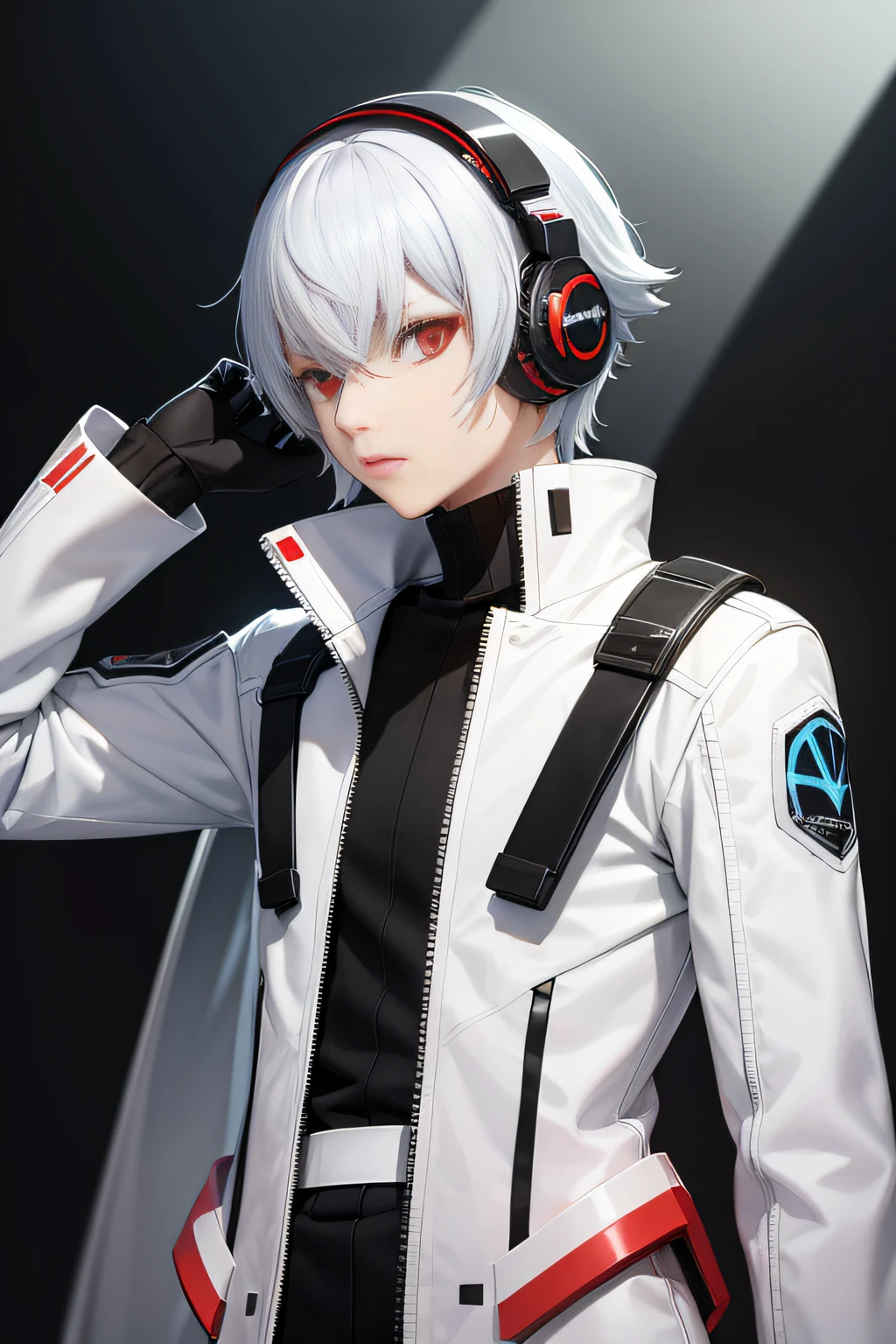 Persona diagram,Science fiction teenager,Equipped with sci-fi guns,Wearing a white sci-fi costume,Has white hair,red color eyes。Rebellious personality,Bad laughs,Exudes evil,Wearing an exoskeleton,Bring headphones
