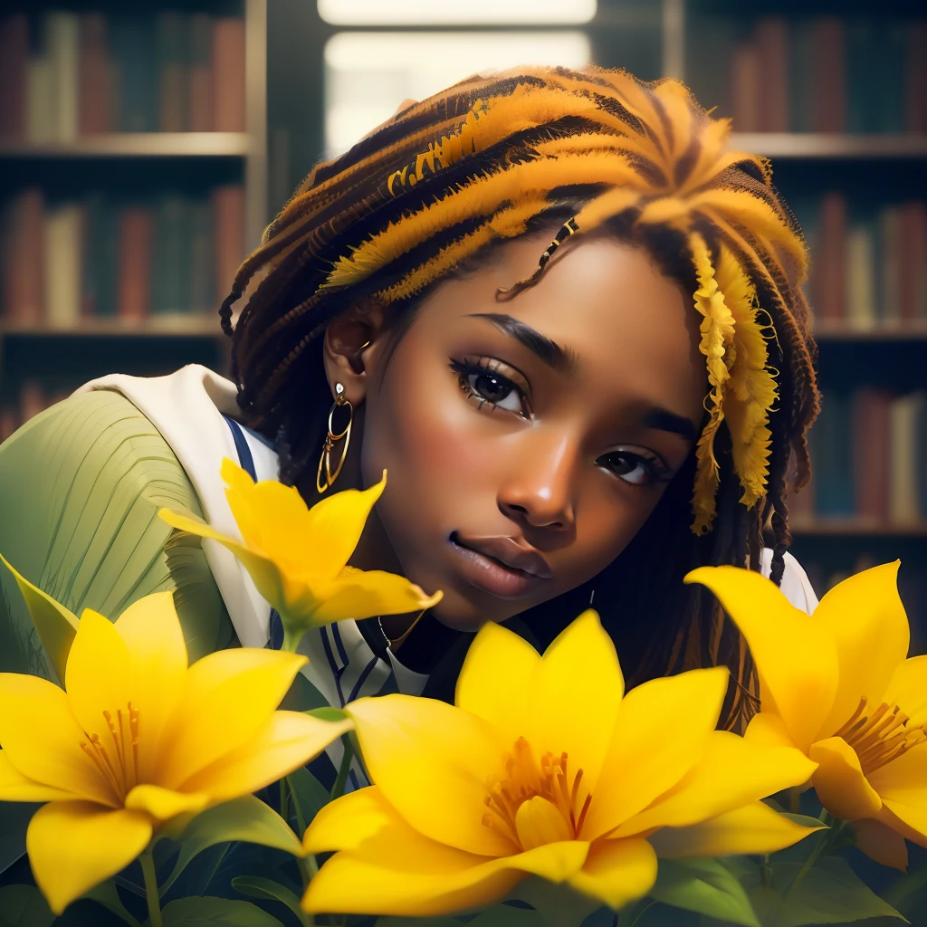 Young black student in a library surrounded by yellow flowers