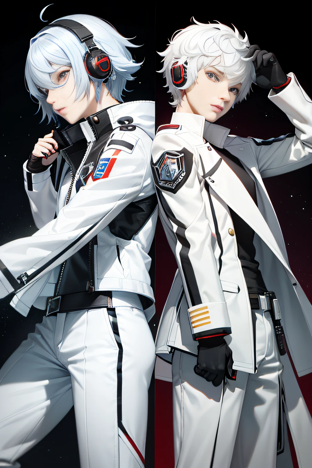Persona diagram,Science fiction teenager,Equipped with sci-fi guns,Wearing a white sci-fi costume,Has white hair,red color eyes。Rebellious personality,Bad laughs,Exudes evil,Bring headphones