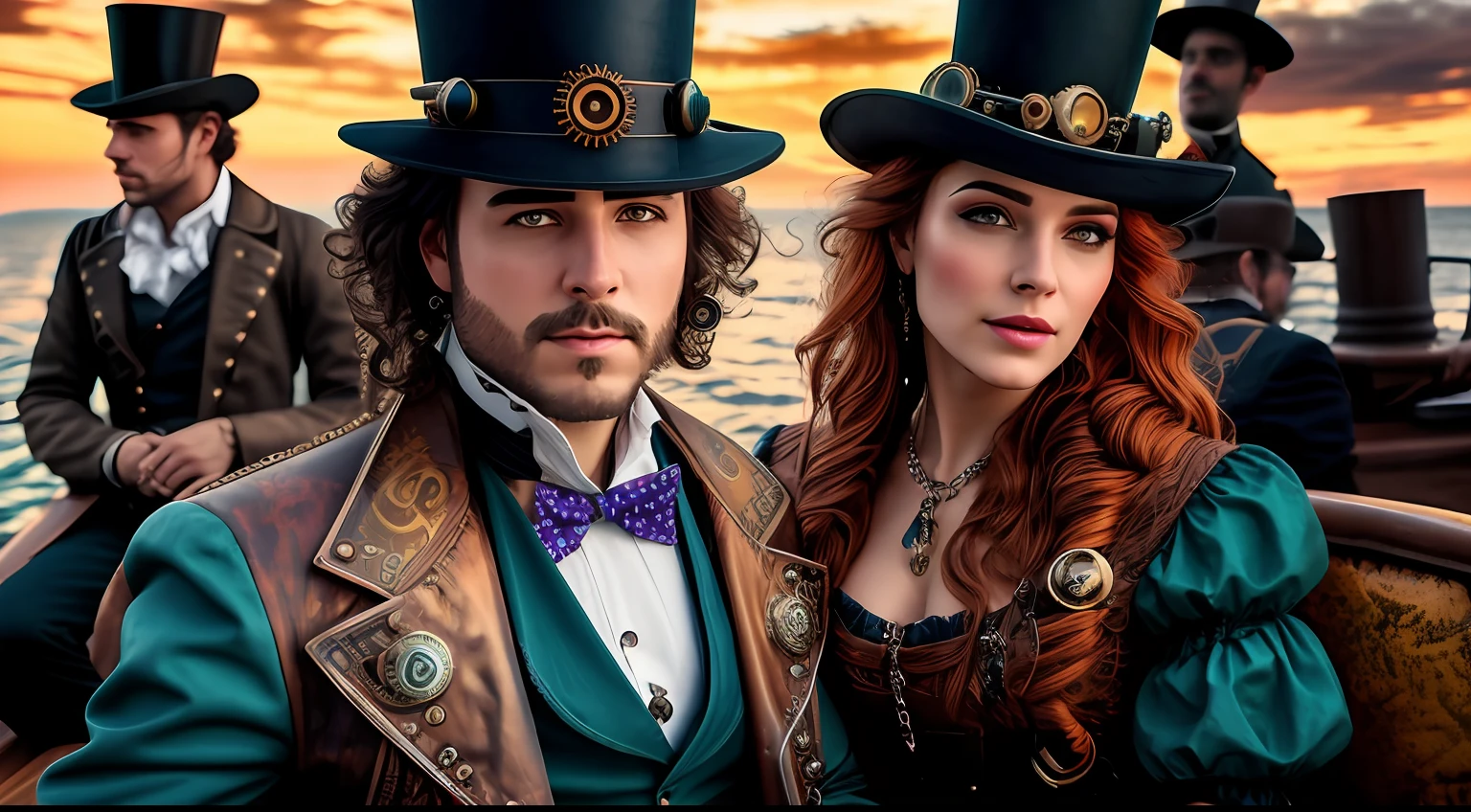 man with beautiful woman steampunk style vivid colors 30 year old face city in background sitting full length on a boat at sea intricate details luminous ring soft motion blur volumetric brightness 4k hdr