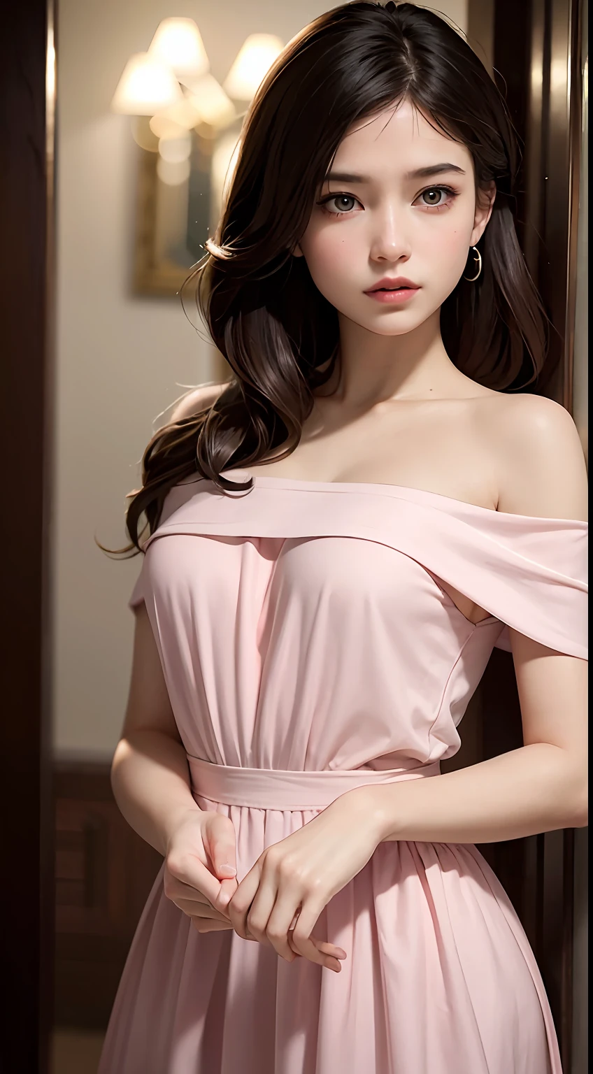 Best Quality, Masterpiece, Ultra High Resolution, (Realisticity: 1.4), Original Photo, 1girl, Pink Off-the-Shoulder, Cinematic Lighting