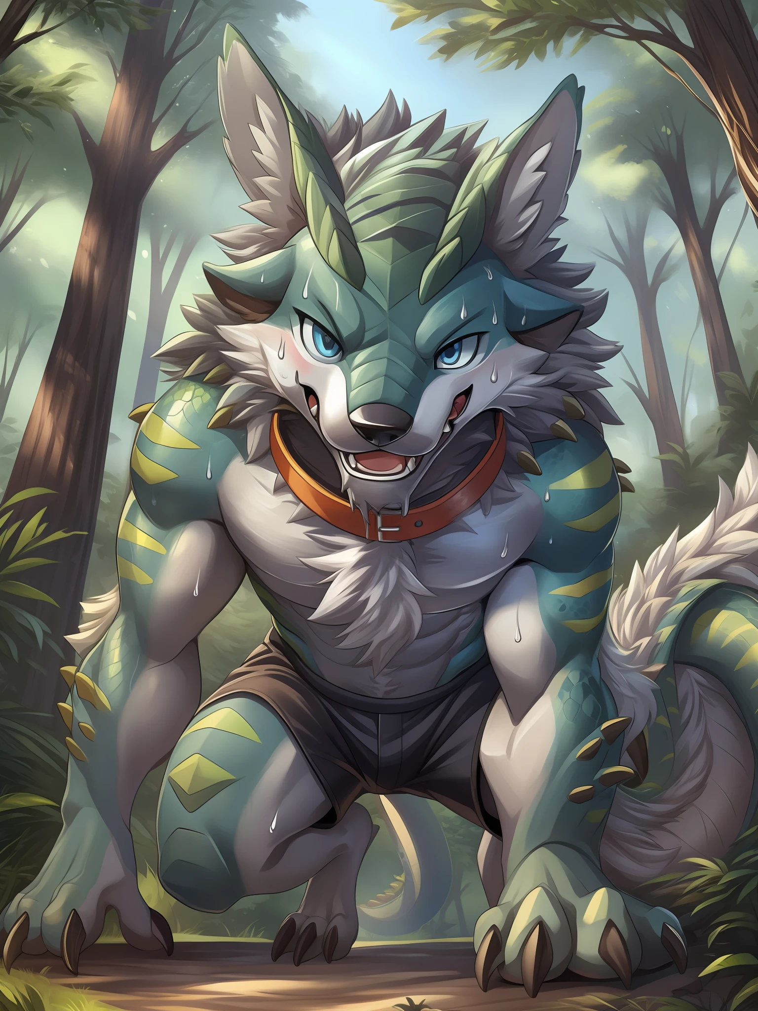 eyes with brightness, in a panoramic view, Character focus ，Full body like，独奏, shaggy, Furry male wolf， Black fur for men, blue color eyes, Gray hair(The long），Bare body，Black  shorts（Green stripes），In the forest，Stand on the steps，Handsome， There are lizard tails，Bust，drools，Collar，having fun，Say hello to the camera，Reveal cute beast claws，Sweat，sportrait,, dynamic angle，Sharp claws