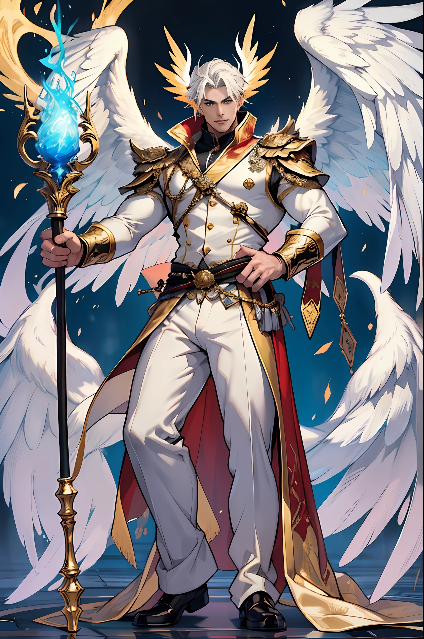 Caius is a handsome male, stands at 7ft tall. He has an athletic body structure. He wears royal attire thats silver and gold. He has beautiful white silky hair and an golden color. He is seen with a staff. He has huge white wings. A big bulge in his pants. White Phoenix human form, 8k, 4k, good quality, ultra high quality