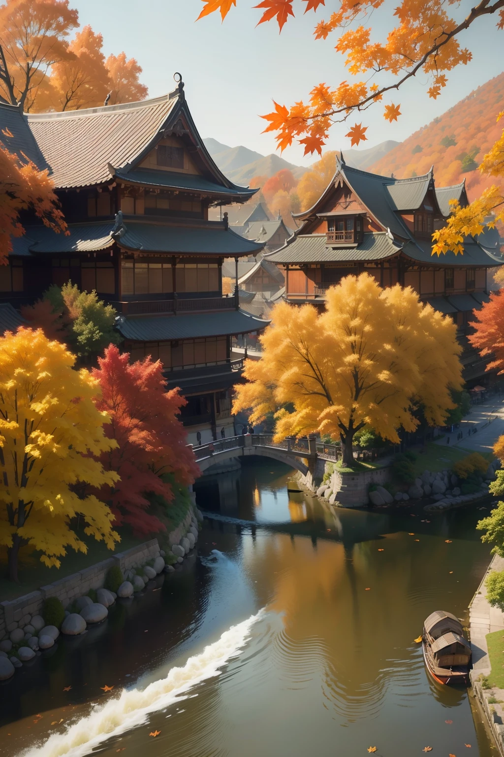 Autumn maple leaves,Horizontal layout,A high resolution,best qualtiy,ultra - detailed,dynamic angle,afloat,Bustling cityscape,Complicated details,Historic buildings,Flowing rivers,vivd colour,Volumetriclighting,Rich cultural background。