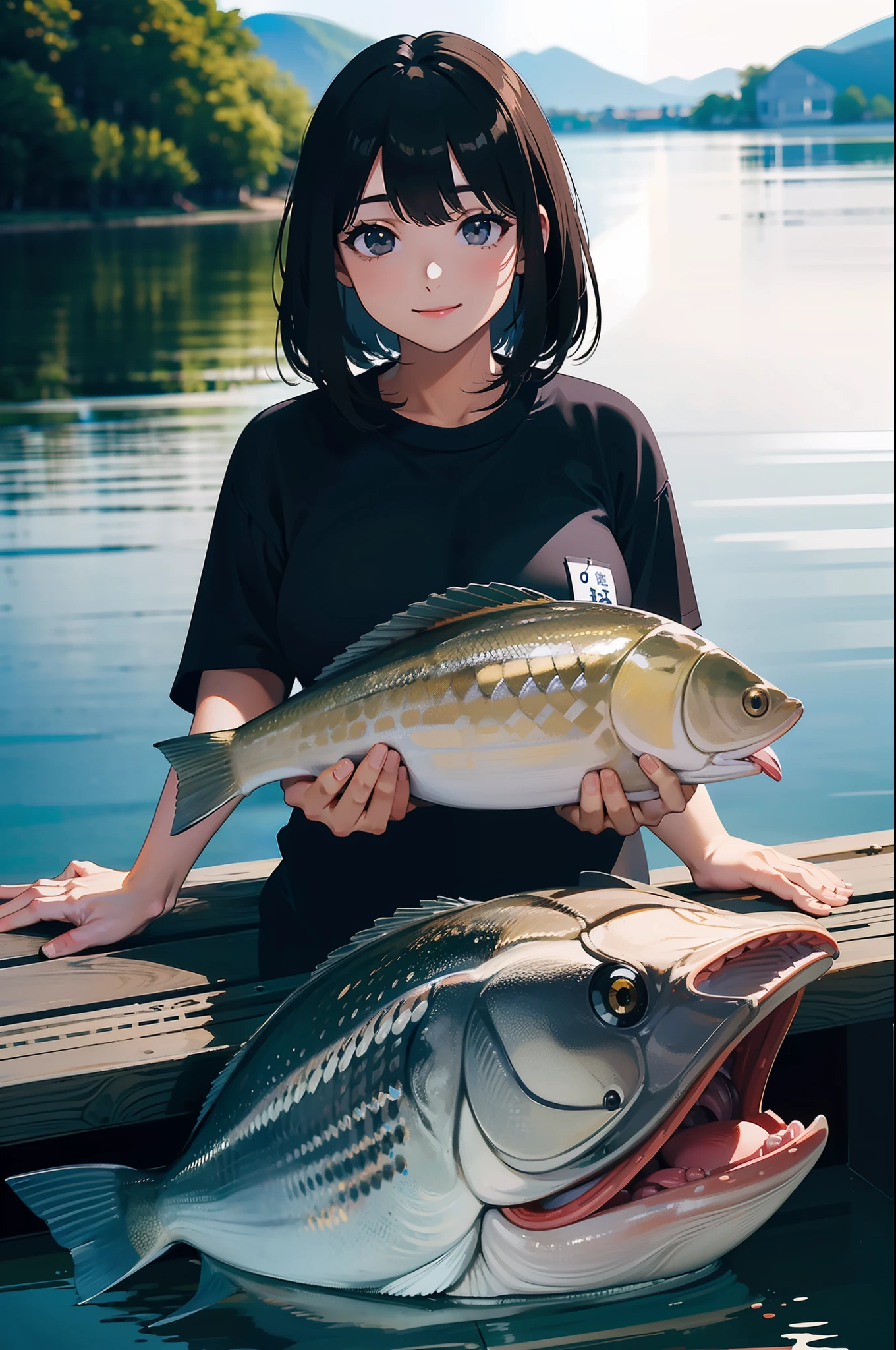 (((Catch a big blackbass by the lakeside:1.1))),((Best quality, Masterpiece :1.3)),1 japanese mature female,black hair, longeyelashes, solid circle eyes, light smile, drop shadow, atmospheric perspective, 8k, super detail, ccurate, best quality, middle breasts,black jacket, Black T-shirt ,navy blue jeans,