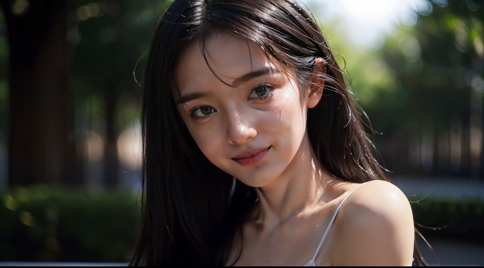 realistic,(photorealistic:1.4),masterpiece,best quality,top quality,ultra high res,1girl,solo,lighting,photorealistic,long hair,black hair,seductive smile,beautiful detailed eyes,((standing)),(depth of field),perfect lighting,natural lighting,.