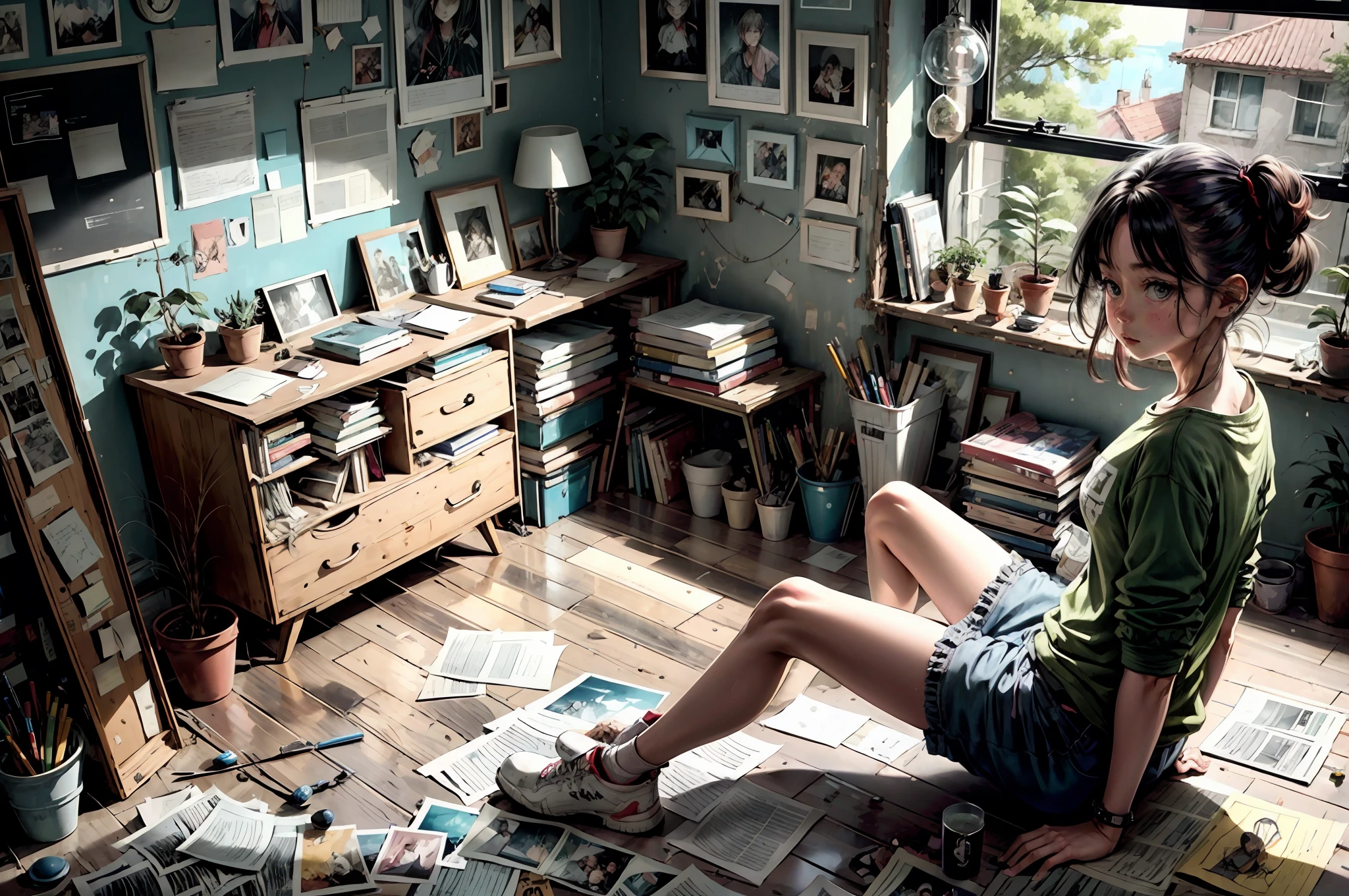 there is a drawing of a woman sitting in a messy room, in a bedroom, messy room, in a room, inside a messy room, in my bedroom, in her room, in an attic, chaotic teenage bedroom, sitting in her room, messy bedroom, cluttered room, ghostly teenager bedroom, in small room, dirty room, cluttered, a room, anime style, happy vibrant colors