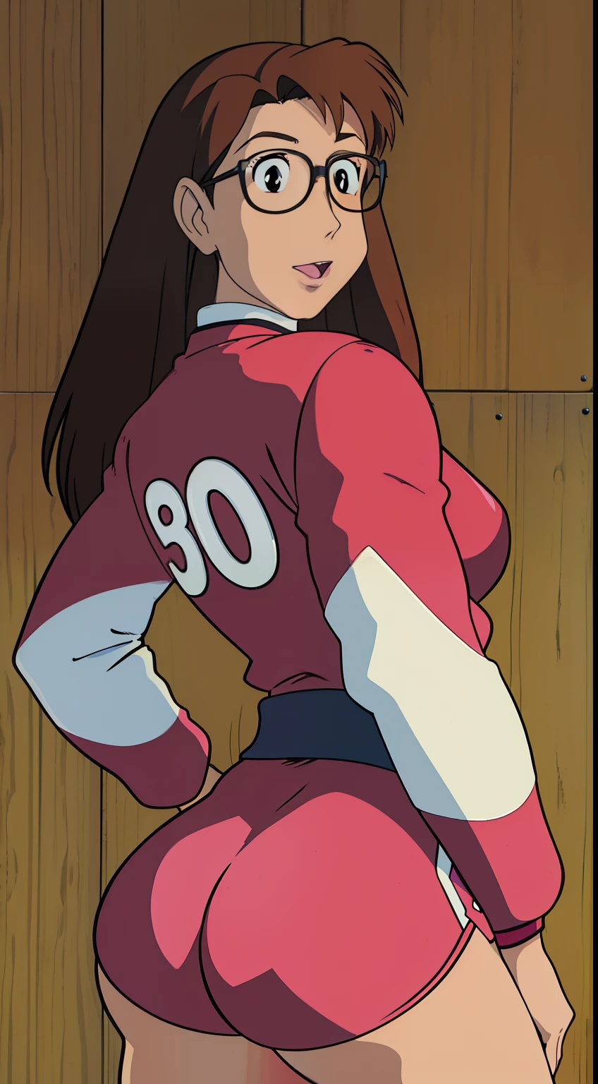 Koyomi mizuhara, glasses, brown hair, long hair, medium breasts, sports Long sleeved Jersey shirt, medium bubble butt, 90’s biker shorts, back of view, Wallpaper, luscious lips, 90’s, vintage, side view, butt crack, wedgie, tongue out