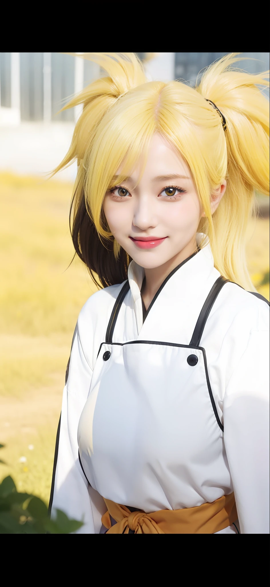 1girl, temari, yellow hair, long hair, yellow eyes, smile, very big breasts, white clothes, realistic, ultra detail, outdoor background