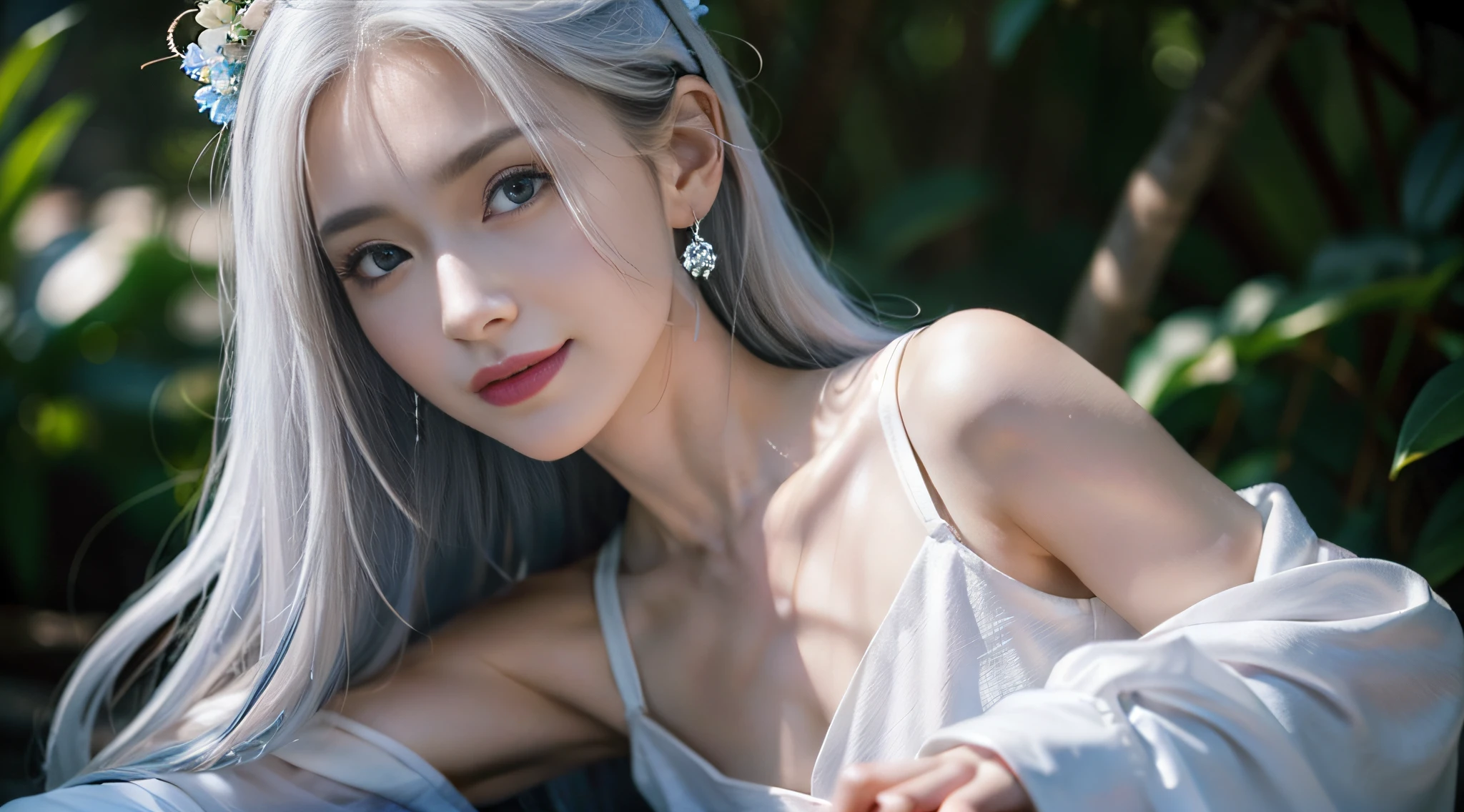 (extremely detailed CG unity 8k wallpaper), (masterpiece), (best quality), (ultra-detailed), (best illustration), (best shadow), (photorealistic:1.4),(PureErosFace_V1:0.5),real human skin, lens flare, shade, backlighting, depth of field, natural lighting, hard focus, film grain, . looking at the viewer, 1 girl, 21 yo, solo, fullbody, skinny, smile, pale skin, soft lips, (light eyebrow:1.4), blue eyes, white hair, long hair, (medium ),hanfu, earrings, .