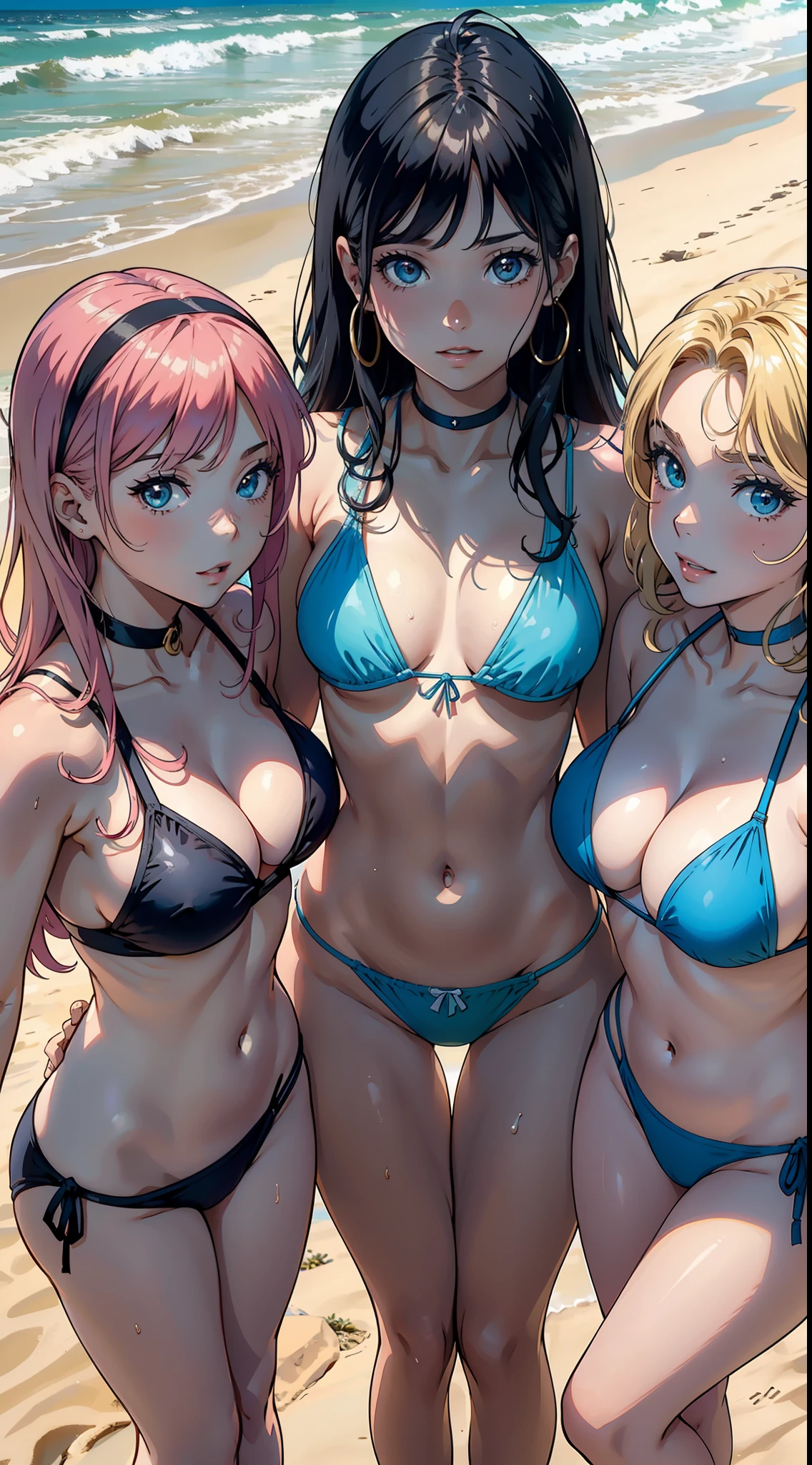3 garotas na praia de biquini, 3 garotas, three girls in bikinis, mulheres de 25 anos, melhor qualidade, 8k 3 girls standing, piscina, longos cabelos, sorriso provocador, Shojo manga, Estilo Anime Ecchi, Manhwa,corpo definido, biquini, peitos medios. biquini, cabelo longo e colorido ((3 garota)) garotas na praia