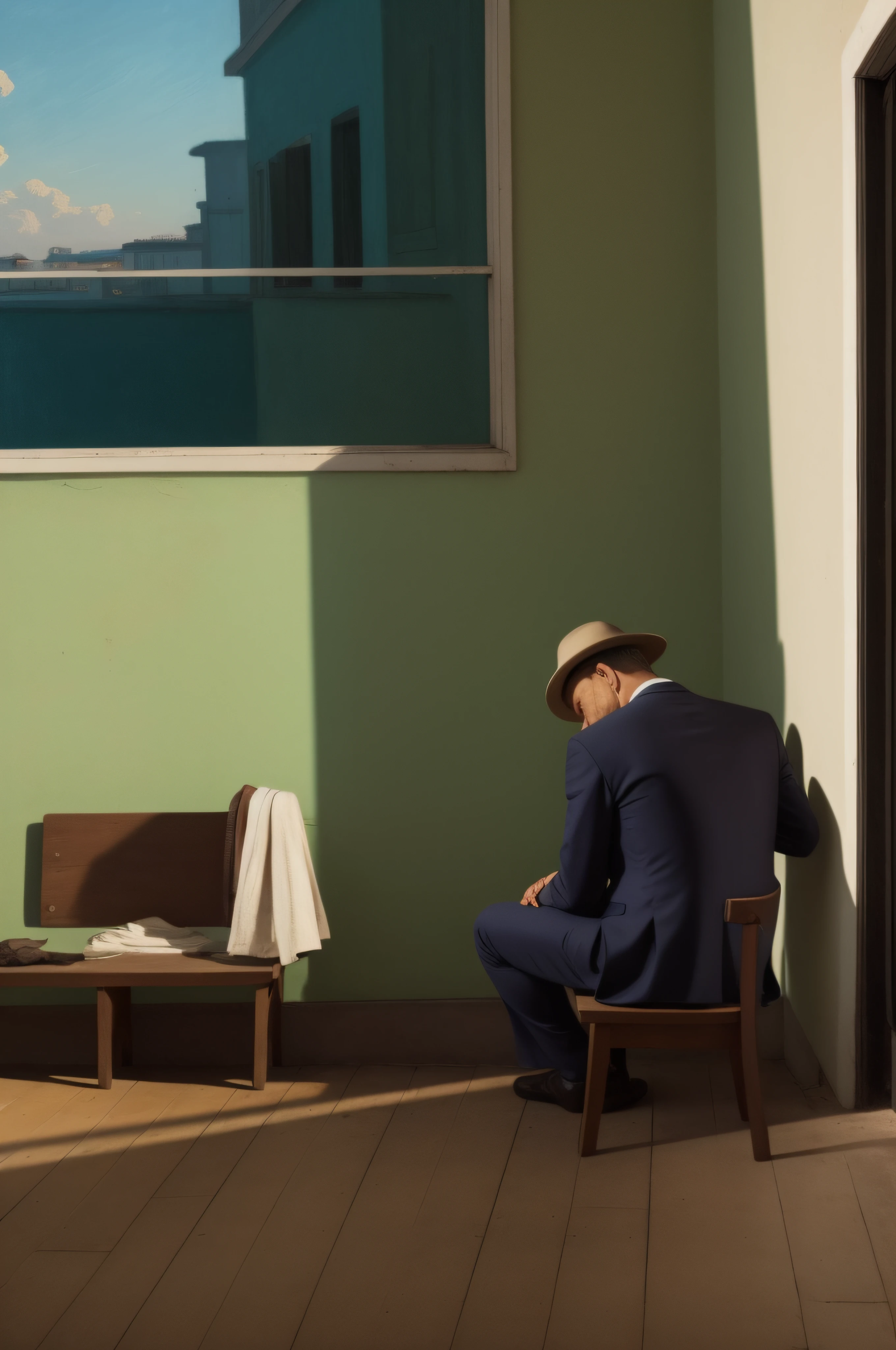 Homem, sitting on ground, back vision, roupas, Costas, Vision from afar, Back view, Eduardo Hopper,, Vicente do destino