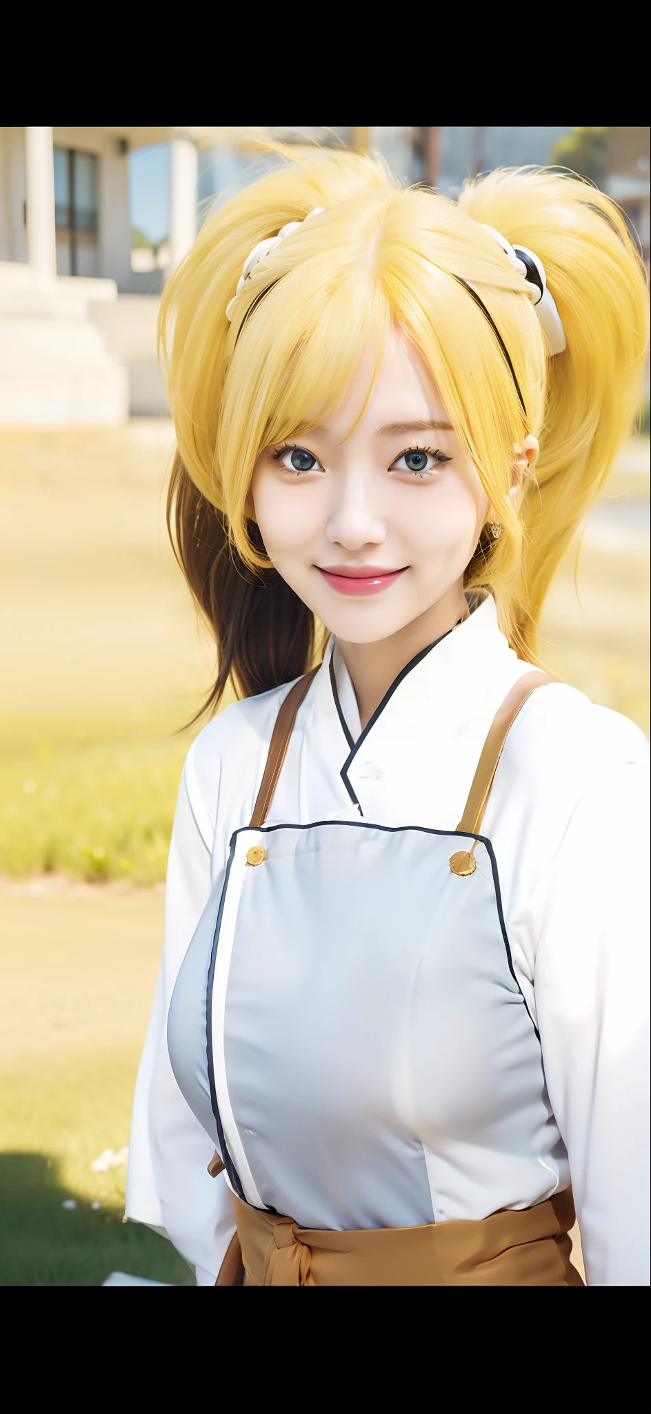 1girl, temari, yellow hair, long hair, yellow eyes, smile, very big breasts, white clothes, realistic, ultra detail, outdoor background