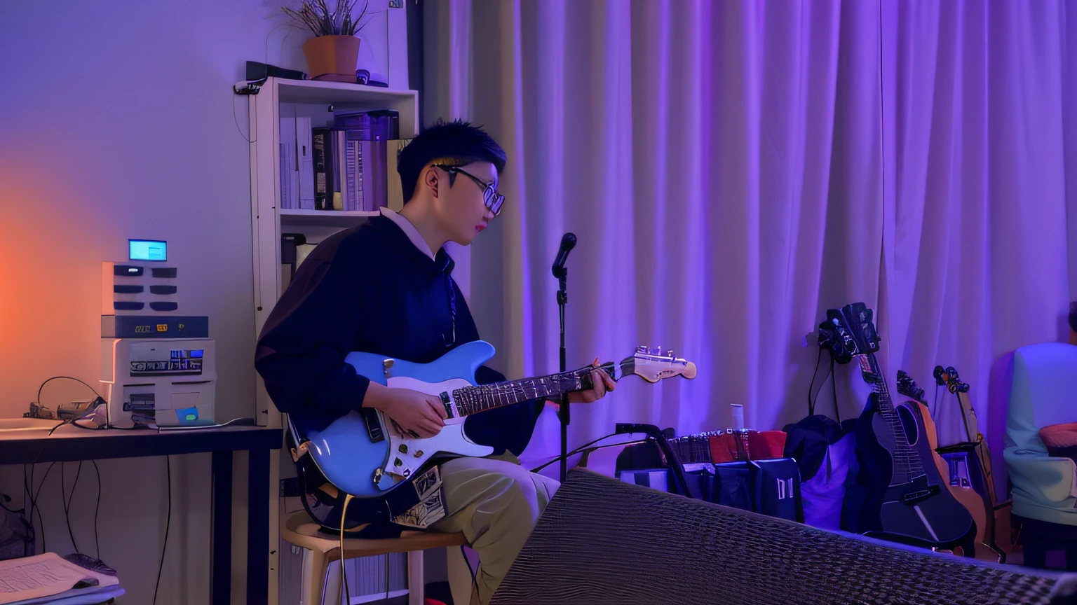 There was a man playing guitar in the room, Playing electric guitar, playing guitar onstage, guitar solo, plays the guitar, Live performance, Performing on stage, guitarists, steve zheng, The music being played, Playing guitar, Shot on Canon EOS R 6, plays the guitar, inspired by Huang Gongwang, taken with sony alpha 9