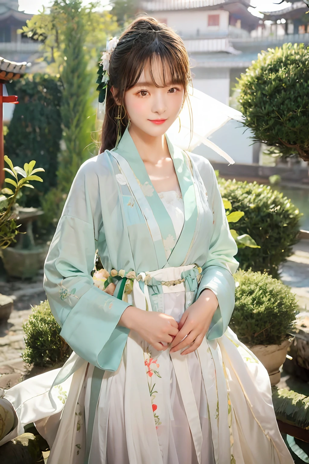 A girl in Hanfu, with acient chinese clothes, Light green hanfu, Traditional Chinese clothing, Wearing ancient Chinese clothes, Look at the camera and smile, Big eyes，Ancient hairstyles，The background is the Forbidden City Garden，4k，Canon camera，High pixel，Delicate skin，