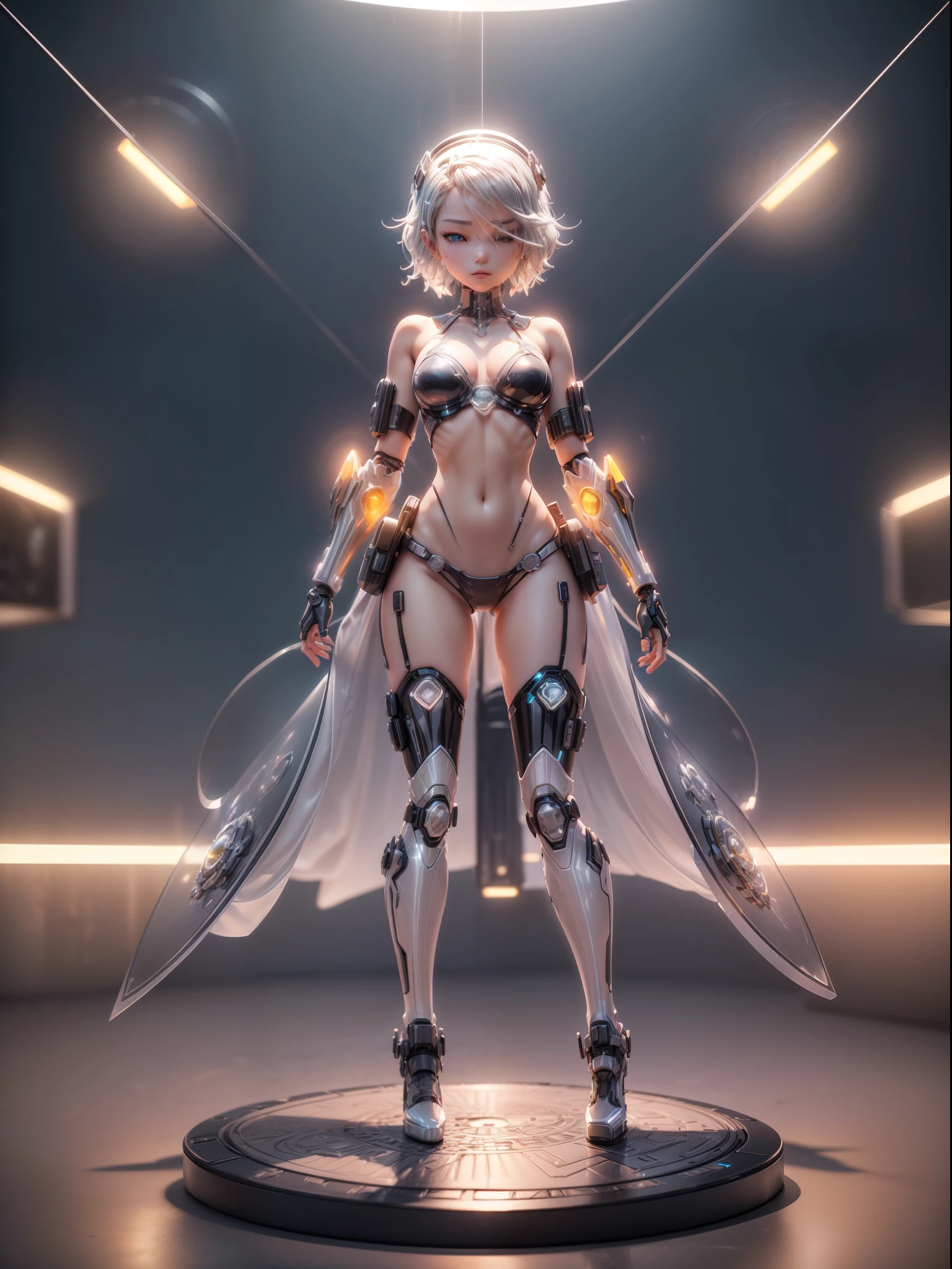 (Blind box toy style:1.2), (Full body shot) , (1 transparent woman)((solo)) Mechanical metal body,transparent bikini armor,cyberpunk style, dreamy glow, Clean background,black and silver style,(circular base) ( Global illumination, Ray traching, hdr, unreal render,reasonable design, high detal, Masterpiece, Best quality, hyper HD, Cinematic lighting)
