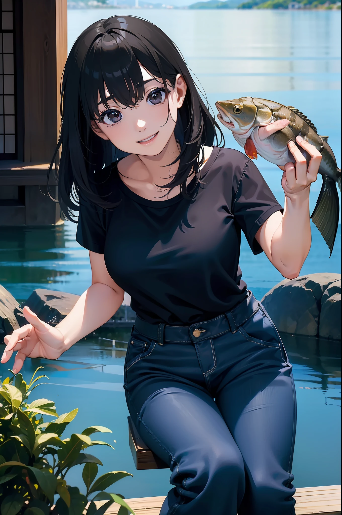 (((Catch a big blackbass by the lakeside:1.1))),((Best quality, Masterpiece :1.3)),1 japanese mature female,black hair, longeyelashes, solid circle eyes, light smile, drop shadow, atmospheric perspective, 8k, super detail, ccurate, best quality, middle breasts,black jacket, Black T-shirt ,navy blue jeans,