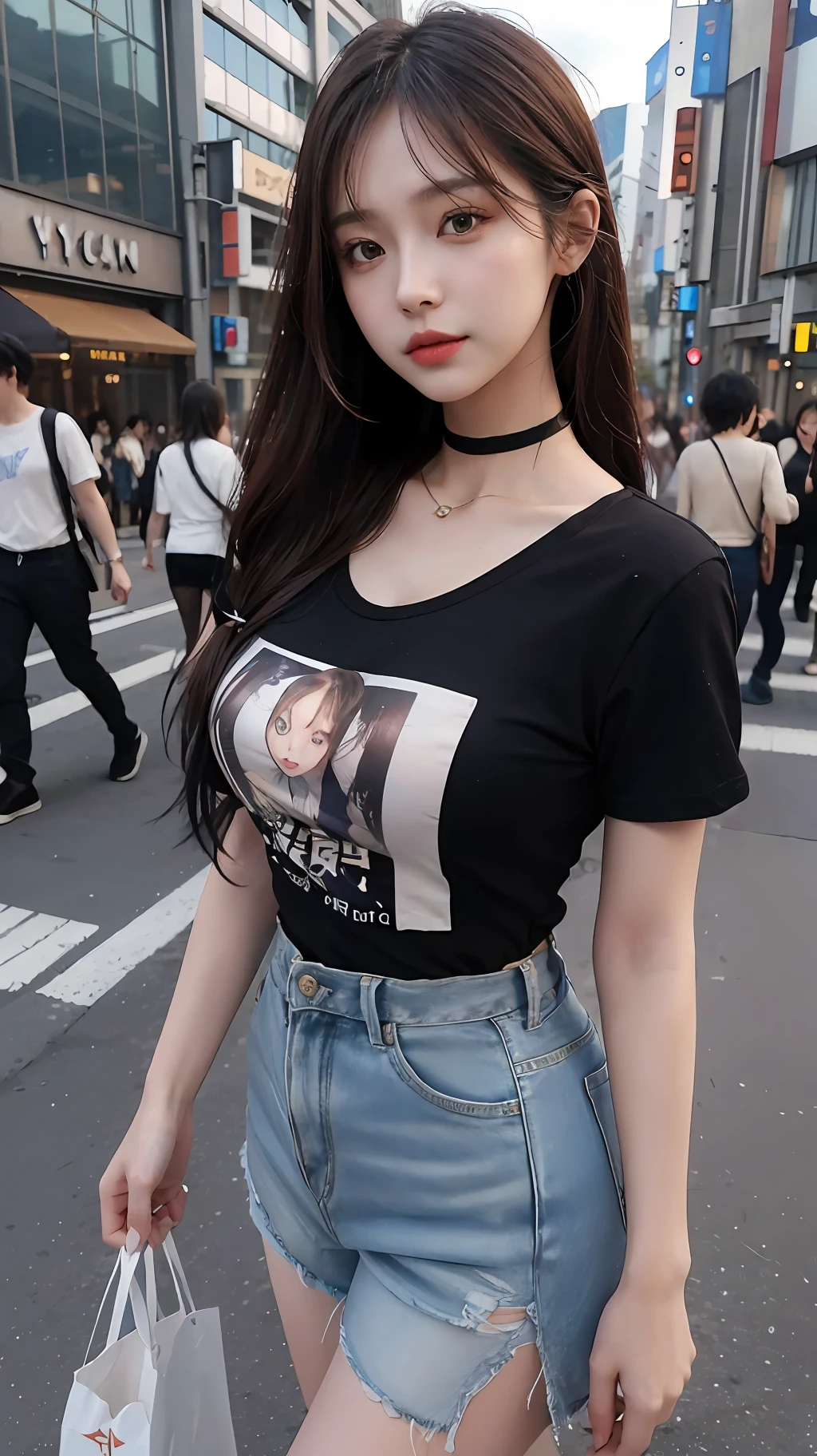 best quality detail:1.2, hentail realism, 8K  UHD, A high resolution, 1girl in:1.2, The ultra-detailliert, High quality textures, intricately details, detaileds, Very detailed CG, High quality shadows, Detail Beautiful delicate face, Detail Beautiful delicate eyes, （（depth of fields））, Ray traching, in her 20s, Beautiful pop girl, Korean Urzan face:1.1, Slender face, Urzang-6500-V1 Edition, Edition.1:0.6, PureErosFace_V1, glowing light eyes, teak, Glossy lips, perfect bodies, choker necklace、nedium breasts、 Brown hair、poneyTail:1.1, street, Particle, view the viewer, Photorealsitic:1.4, ultra - detailed, Photos realistic, 4K 8K Ultra HD full-color RAW photos, Fuji Film(Medium format:1.2), hasselblatt:1.2, Carl Zeiss:1.1, Incredible dynamic range photography(util_The art of SMUS-768:1.1), A high resolution, high pixel count, Clear details, Sharp images, Natural color reproduction, denoised, High fidelity, quality, Software improvements, upscaled, Optimization algorithm, Professional grade beauty、((Shibuya, tokyo prefecture))、On the way to shopping、((Fashion clothing with a very high design))、Graphic T-shirt: Art and logos、Graphic t-shirts printed with anime characters are trending.、Create a unique look
