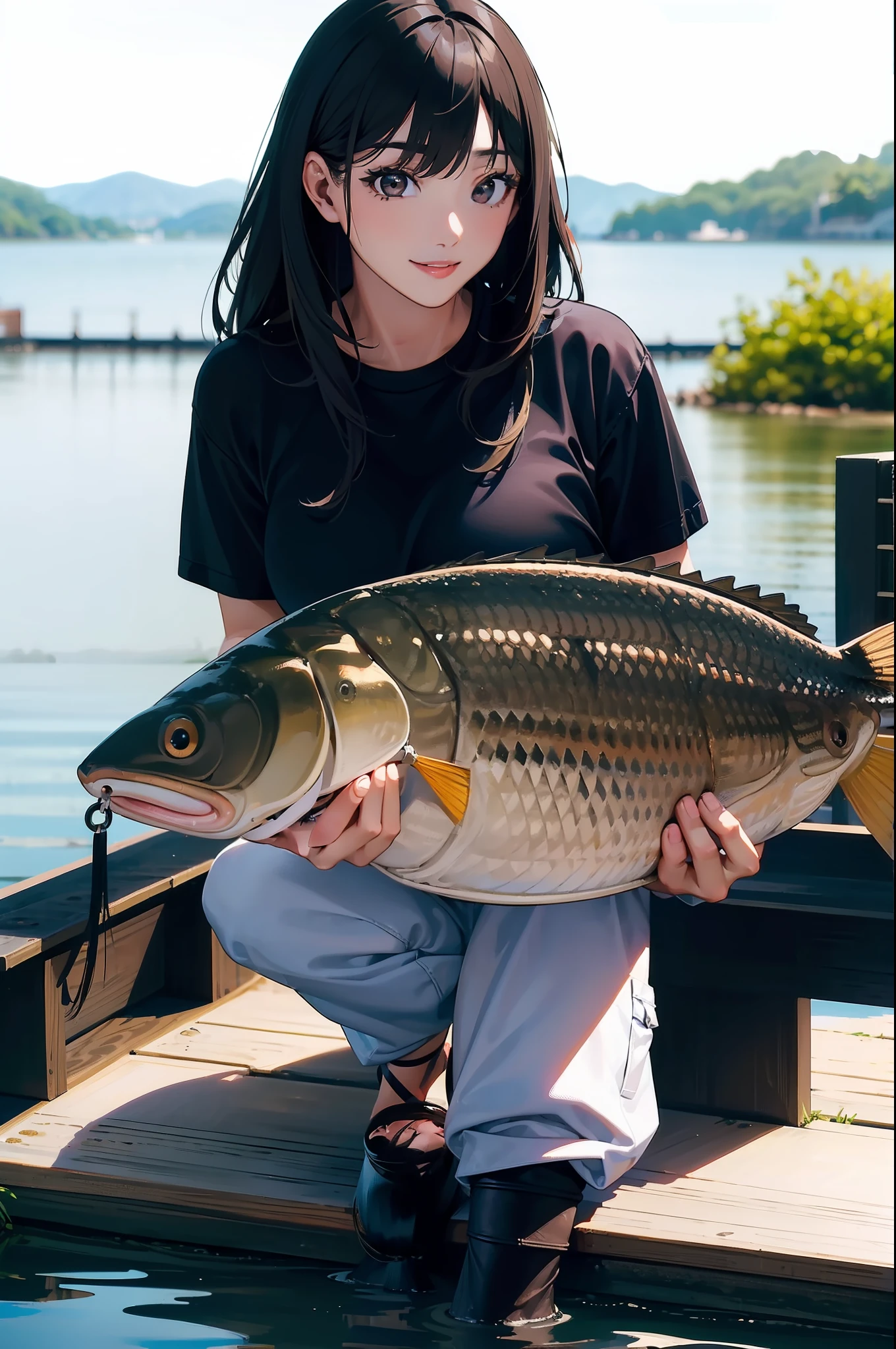 (((Catch a big blackbass by the lakeside:1.1))),((Best quality, Masterpiece :1.3)),1 japanese mature female,black hair, longeyelashes, solid circle eyes, light smile, drop shadow, atmospheric perspective, 8k, super detail, ccurate, best quality, middle breasts,black jacket, Black T-shirt ,navy blue jeans,