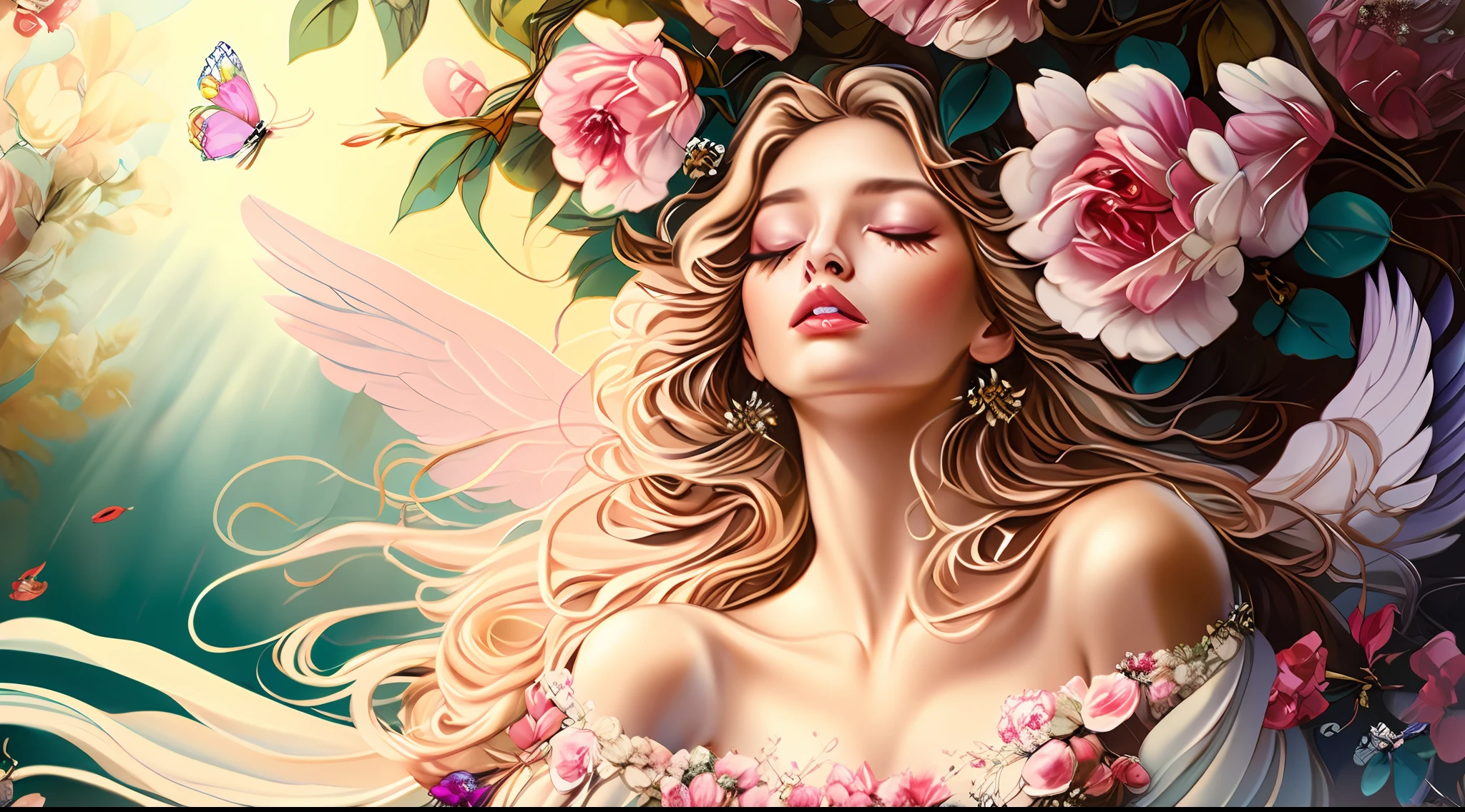 "Por favor, Create an image of a blonde woman with an angelic and stunning appearance, Lying in a magical setting surrounded by a profusion of flowers. She's lying with her eyes closed, emanating a sense of serenity. The environment around you is enchanted, with meticulously rendered details in stunning 8K resolution. As flores ao seu redor formam um tapete colorido e exuberante, each petal and leaf shining with realistic details. Soft rays of light filter through the imaginary trees, creating a play of shadows and light that adds depth to the scene. The woman is dressed in an ethereal robe that seems made of light and shadows, his calm expression and a soft smile on his lips. Butterflies dance in the air, como se encantadas pela cena, and small birds rest in the branches of nearby trees, criando um quadro de harmonia com a natureza. No horizonte distante, vislumbram-se picos de montanhas cobertas de neve, adding a majestic touch to the scenery. The sky is a soft mix of pastel colors, do rosa ao azul, criando uma atmosfera de sonho. This image is an invitation to contemplation, conveying a sense of deep peace and tranquility, As if time was suspended in this magical moment."