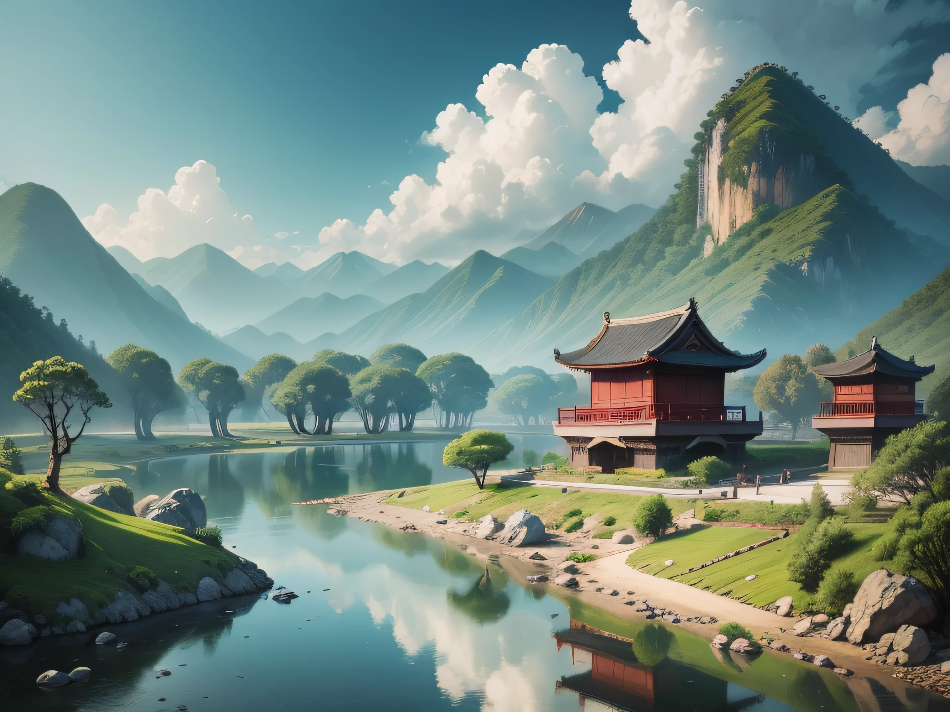 Chinese traditional landscape painting，Aspect ratio 16:9。