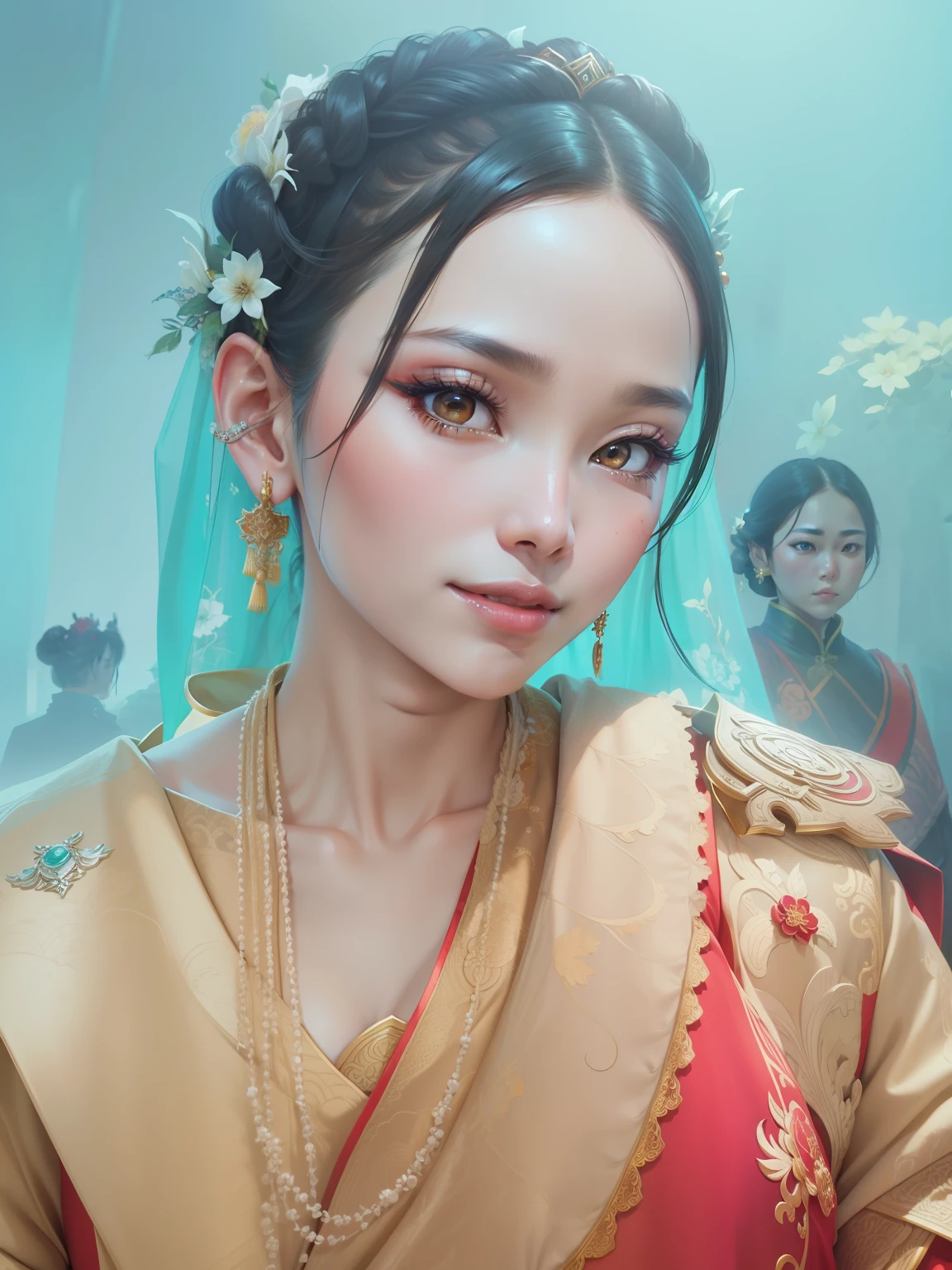 (8k, RAW Photo, Best Quality, Masterpiece: 1.2), (Realistic, Realistic: 1.37), 1 Girl, Aalfi Woman Posing for Photo in Red Dress and Headdress, Gorgeous Role Play, Beautiful Costume, Complex Fantasy Dress, Beautiful Fantasy Queen, Chinese Dress, Complex Dress, Complex Costume, Traditional Beauty, Gorgeous Chinese Model, Chinese Costume, Inspired by Lan Ying, Wearing Gorgeous Costume, Inspired by Puhua, wearing elegant Chinese Xiuhe dress, Chinese wedding dress, Phoenix crown Xia hand, antique bride, show dress, close-up, close-up, smile