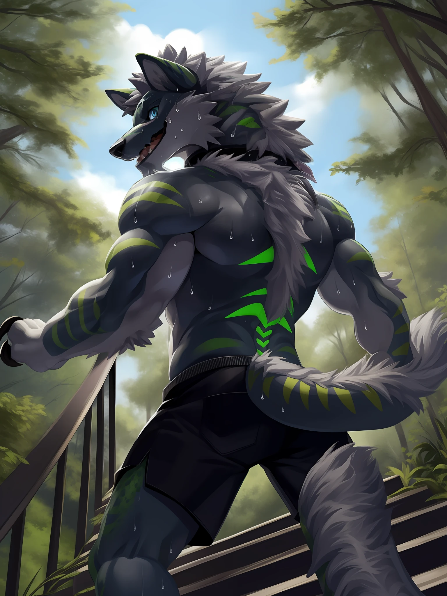 eyes with brightness, in a panoramic view, Character focus ，Full body like，独奏, shaggy, Furry male wolf， Black fur for men, blue color eyes, Gray hair(The long），Bare body，Black  shorts（Green stripes），In the forest，Stand on the steps，Handsome， There are lizard tails，Bust，drools，Collar，having fun，Turn Back，Reveal cute beast claws，Sweat，sportrait,, dynamic angle，Sharp claws