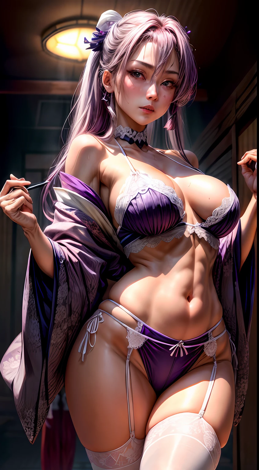 (best quality, detailed background, depth of field, volumetric lighting, sharp focus, absurdities, absurdres,nsfw) beautiful face, long purple hair, perfect detailed purple eyes, navel, cleavage, utiful thighs, pink halo, blush, lace choker, lingerie white, white 7/8 stockings, white lace garter belt, lace stockings, (Japanese kimono: 1.2), look at viewer, (half shot: 1.3), Japanese quarter, evoked pose, hands behind back, ( sweat: 1.2), (night: 1.2)