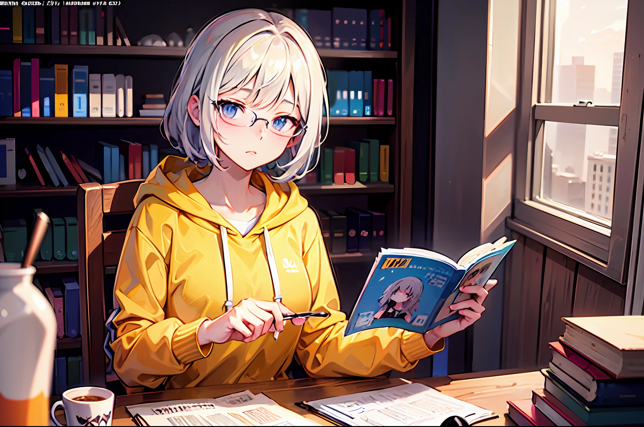 sagiri, a college girl with glasses sitting on the chaird, white dyed hair, white hoodie, a cup boobs, tired, library, books, alone,back hands, upper body shot, best masterpiece, best quality, lofi portrait, digital anime illustration, detailed digital anime art, anime portrait, anime moe artstyle, realistic anime art style, anime realism style, semirealistic anime style, anime character portrait, high quality anime artstyle