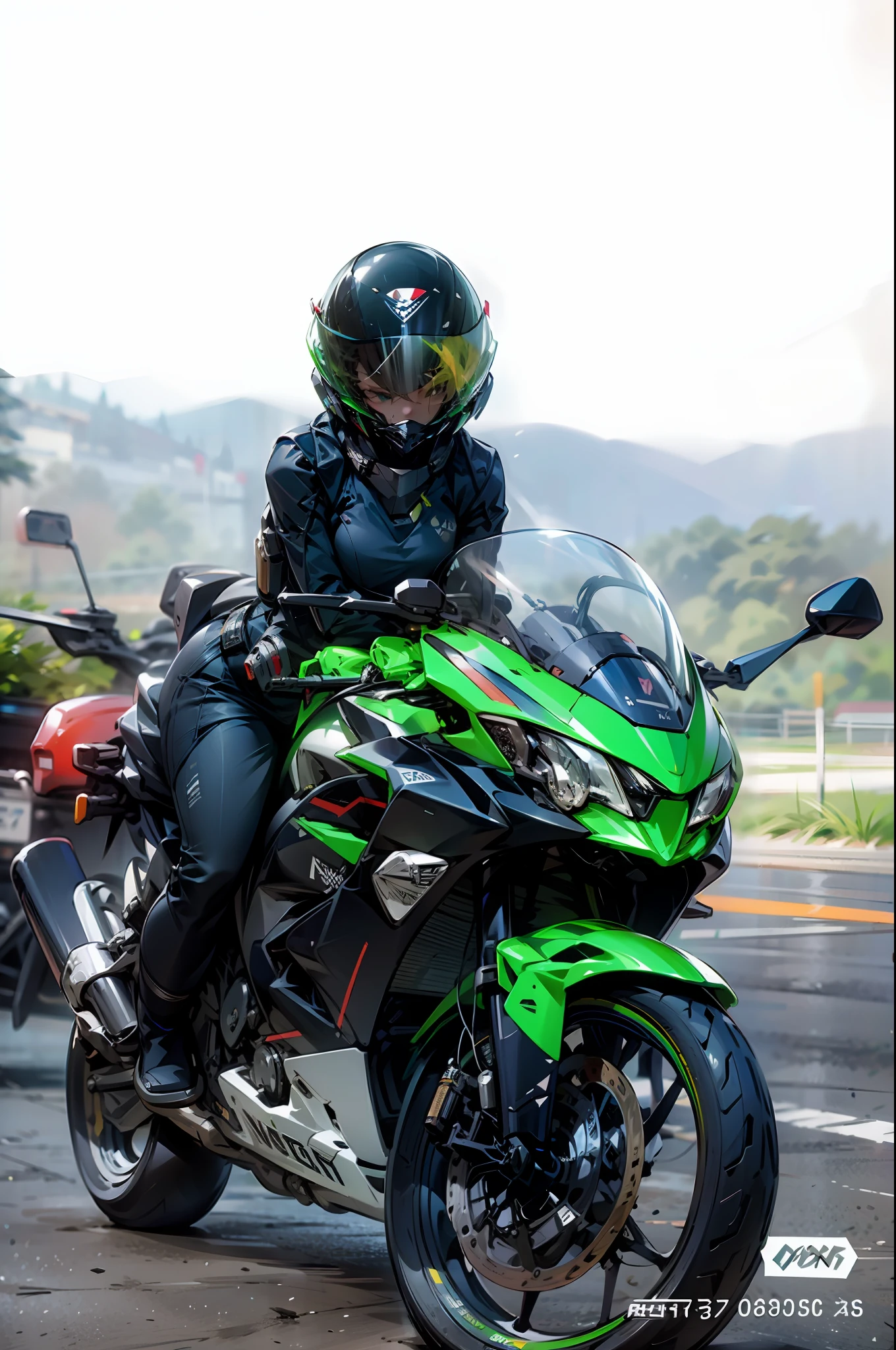 High-tech helmet,Mech helmet,Black helmet,Green motorcycle,Black top