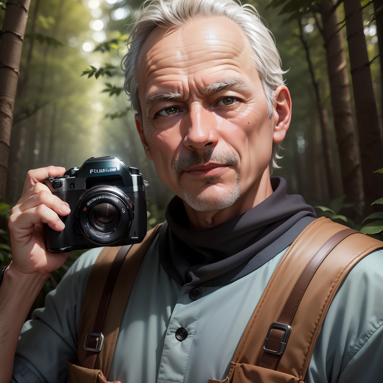 (8K Ultra HD portrait photos+Fujifilm granules:1.2),Homem de meia idade,traveling clothes,age 55,Natural skin,Stand in the forest