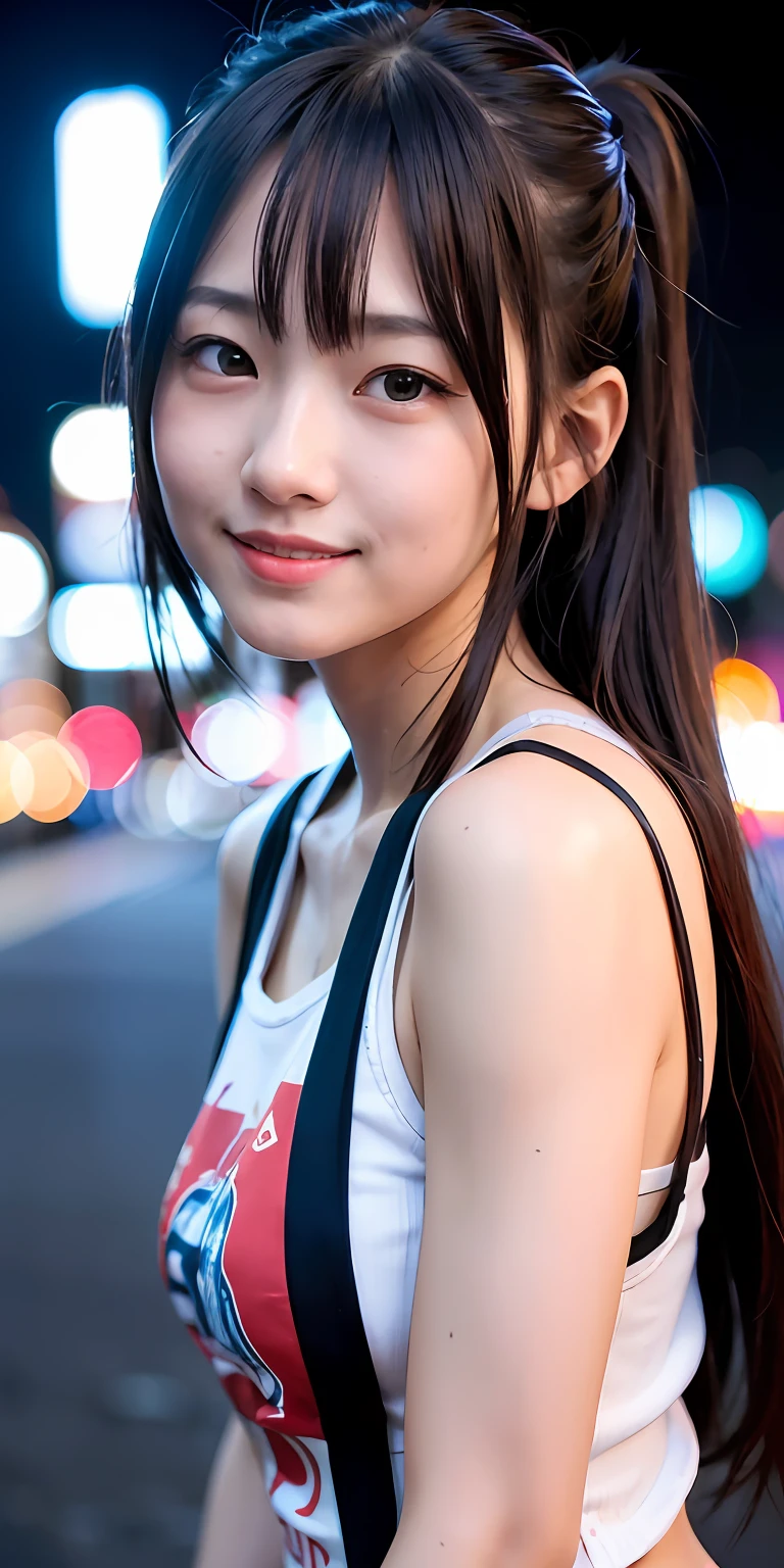 1girl, Tokyo street,night, cityscape,city lights,upper body,close-up,smile,, (8k, RAW photo, best quality, masterpiece:1.2),(realistic, photo-realistic:1.37),