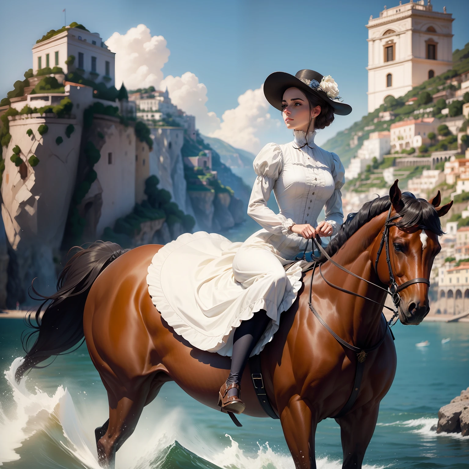 A graceful woman in a short Victorian dress elegantly horseback riding along the scenic waters of the Amalfi Coast.