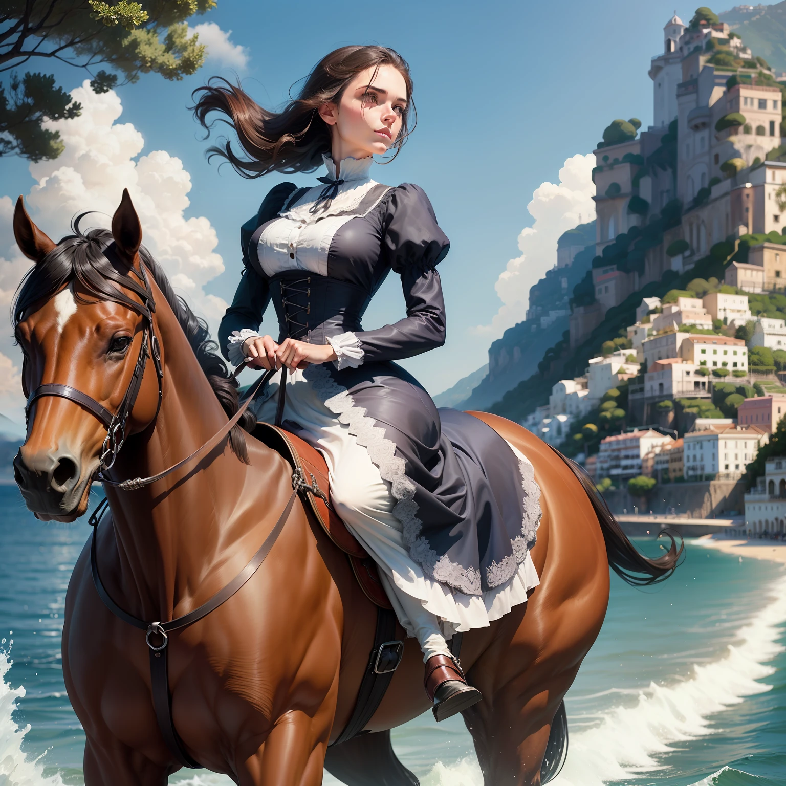 A graceful woman in a short Victorian dress elegantly horseback riding along the scenic waters of the Amalfi Coast.