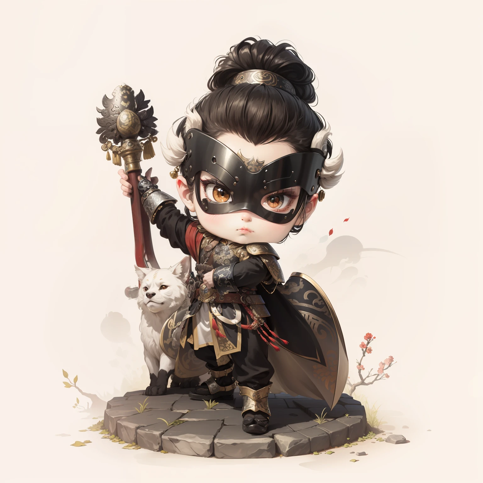 male people，Male characters，tchibi，Bad，Armed mace，Mace weapons，Ancient Chinese weapons，The handle has a delicate pattern，Shoulder blades，metal breastplate，chainmail，Animal pattern cuirass，chest plate，Bracers，Flowing hem，China-style，Chinese-style clothing，Chinese shoes，There are beautiful patterns on the weapon grips，ultra-realistic realism，anaglyph，stereograms，Fine painting，Refinement，infinite details，high definition detail，Patterned，Pattern，Blank background，Bright colors，Metal edging