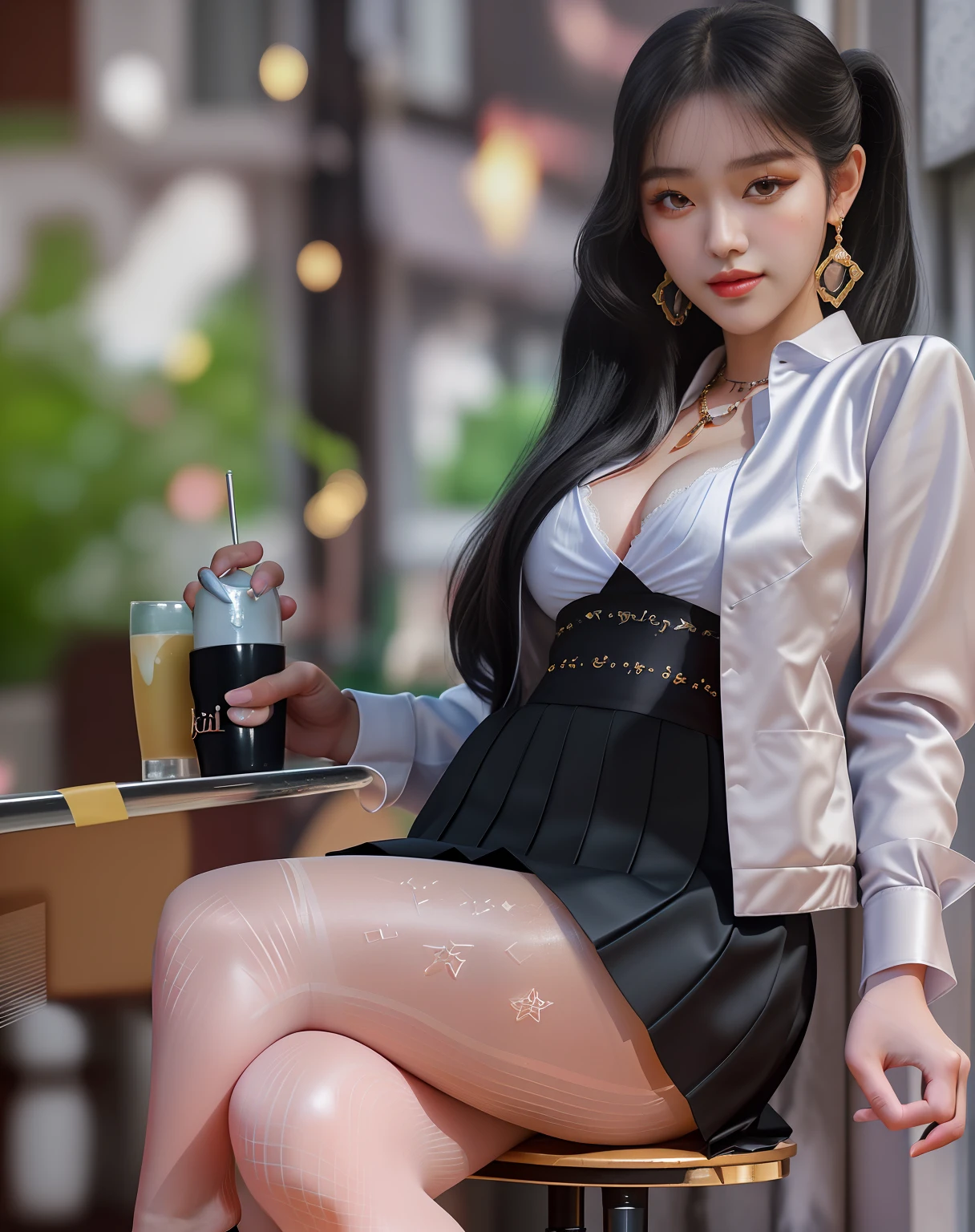 Delicate, Masterpiece, Beautiful detailed, Colourful, finely detailed, Detailed lips, Intricate details, Large breasts, 1 woman,(A beautiful 20 year old cute Korean woman:1.1),(Kpop idol, Korean mixed),(50mm Sigma f/1.4 ZEISS lens, F1.4, 1/800s, ISO 100, photography of:1.1), (pony tails+Black hair:1.2),(Photorealistic:1.4), (spy :1.2), (Open jacket,shirt, Skirt, tiese, Black pantyhose, christian louboutin \(brand\), :1.3),Earrings,necklace,armlets,(pub, Bar:1.2), (Beautiful legs, Tall female, Skinny, Slim_Legs, upper legs_the gap, model:1.2), Lens flare, From the front side, (Happy smile:1.1), Dynamic pose, (Makeup:1.2), sitting on bar stool,