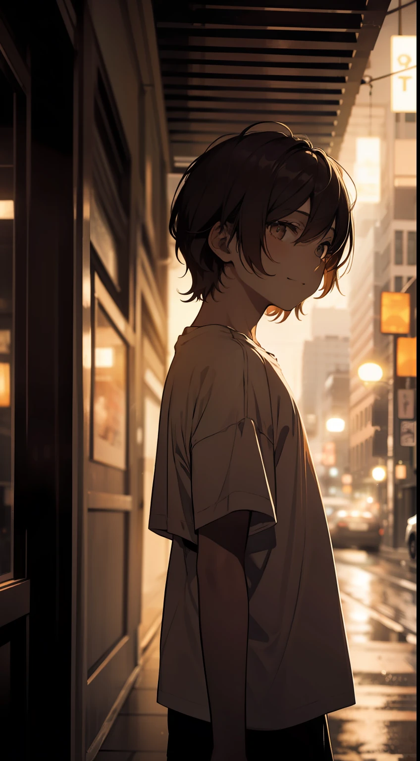 cool boy, Boy with long bangs, faded tone, little dark orange tone, cinematic, monochrome, gentle smile, heavily blurred background, from side, looking up, city, t shirt, from behind, night city, verandah