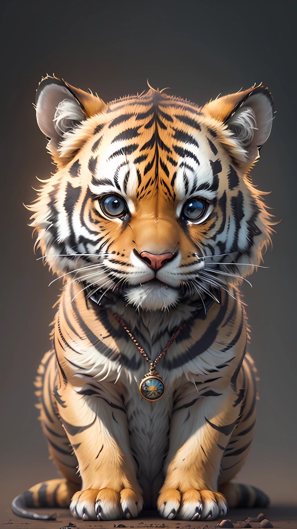 Cute hyper-realistic little tiger，Eyes of different colors，Wearing a necklace，tchibi，Lovely and fluffy，Logo design，cartoony，movie light effect，big breasts enchanting，3D矢量艺术，Cute quirky，Fantasy art，Background bokeh，handpainted，digitial painting，gentlesoftlighting，Isometric style，4K 分辨率，photoreal render，Highly detailed and clean，Vector Image，Photorealistic masterpiece，professional photoshooting，simple space background，flat white background，isometry，vibrant vector