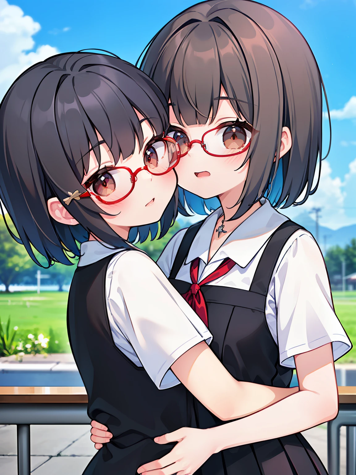 (masterpiece、top-quality、2People Girls、a junior high school student、short-hair、straight haired、hair adornments、cute face)、Classroom、And、(masterpiece、top-quality、2People Girls、a junior high school student、A dark-haired、short-hair、straight haired、Light brown eyes、hair adornments、wearing black glasses、cute face)、Short sleeve uniform、hug、kiss、And、(masterpiece、top-quality、2People Girls、a junior high school student、Sky blue hair color、short-hair、straight haired、Light red eyes、hair adornments、cute face)、Short sleeve uniform、hug、kiss