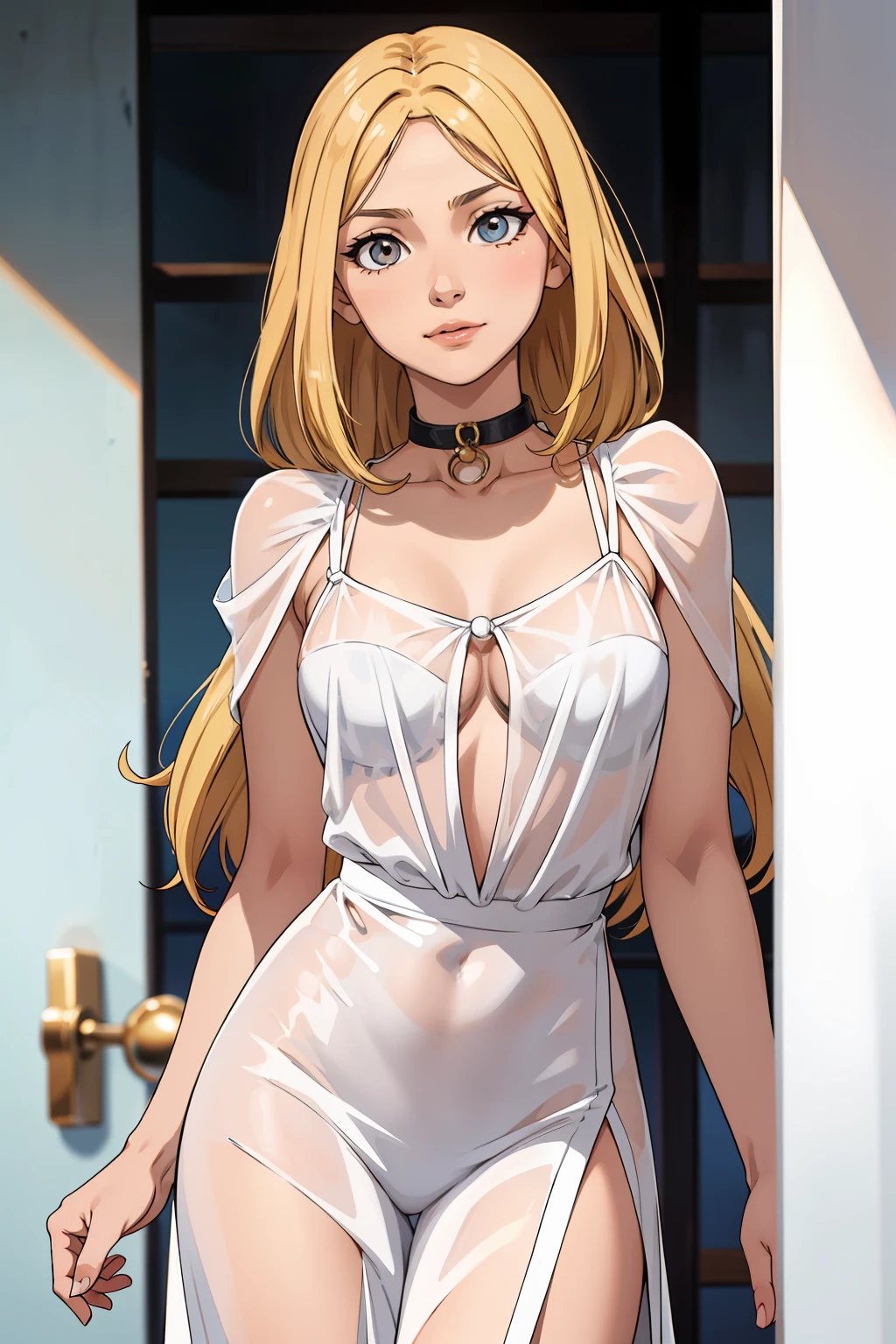 Mujer, pelo rubio, mujer rubia, ojos amarillos, amber eyes, ojos claros, pelo claro, pelo lacio, labios rojos, vestido blanco, Semi-transparent nightgown, pecho grande, cuerpo medio, fondo simple, collar dorado, maquillaje natural, mirada arrogante, sonrisa arrogante, mujer adulta, pecho grande