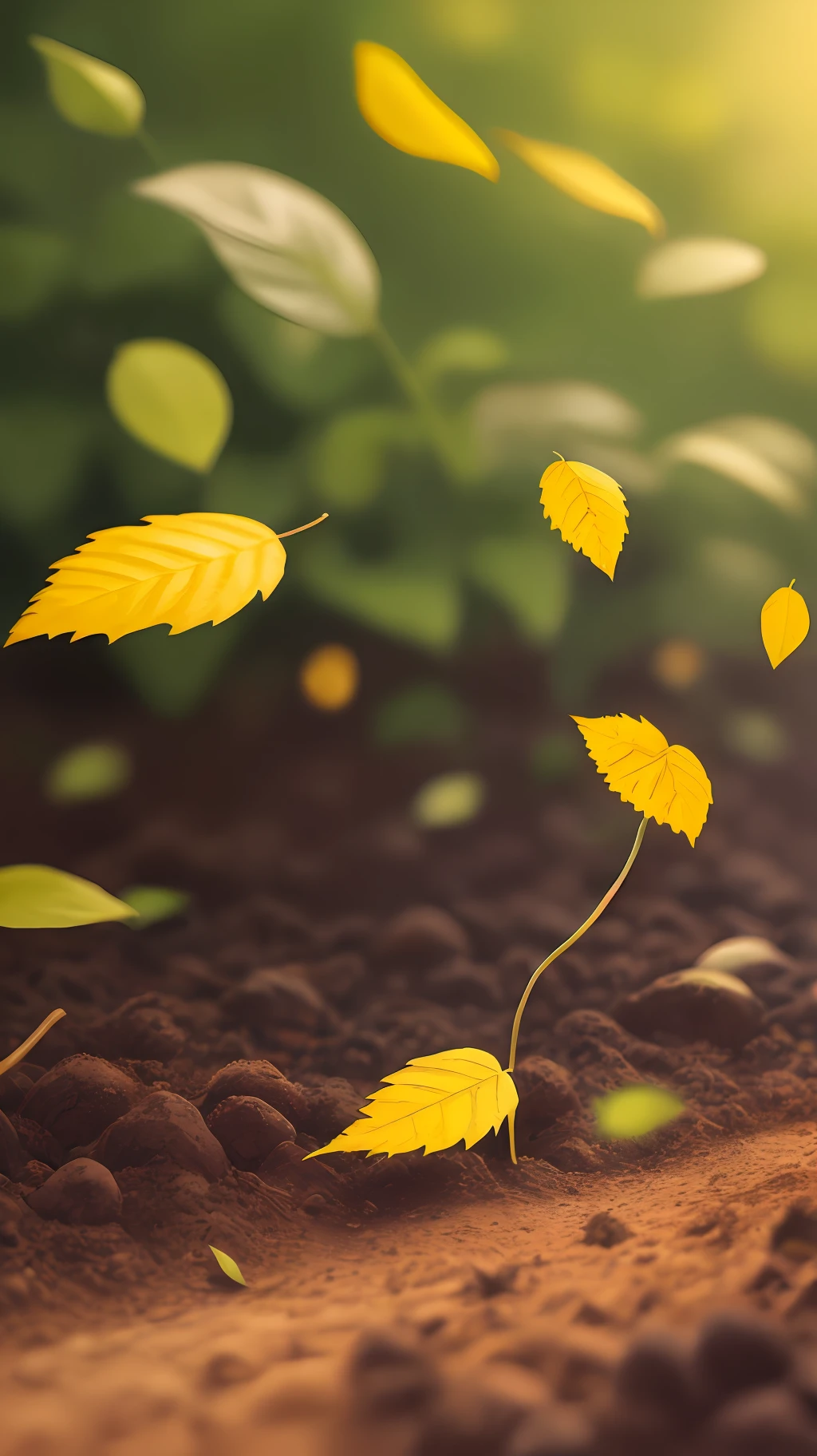 Planting with dirt and leaves, with falling leaves and blurred