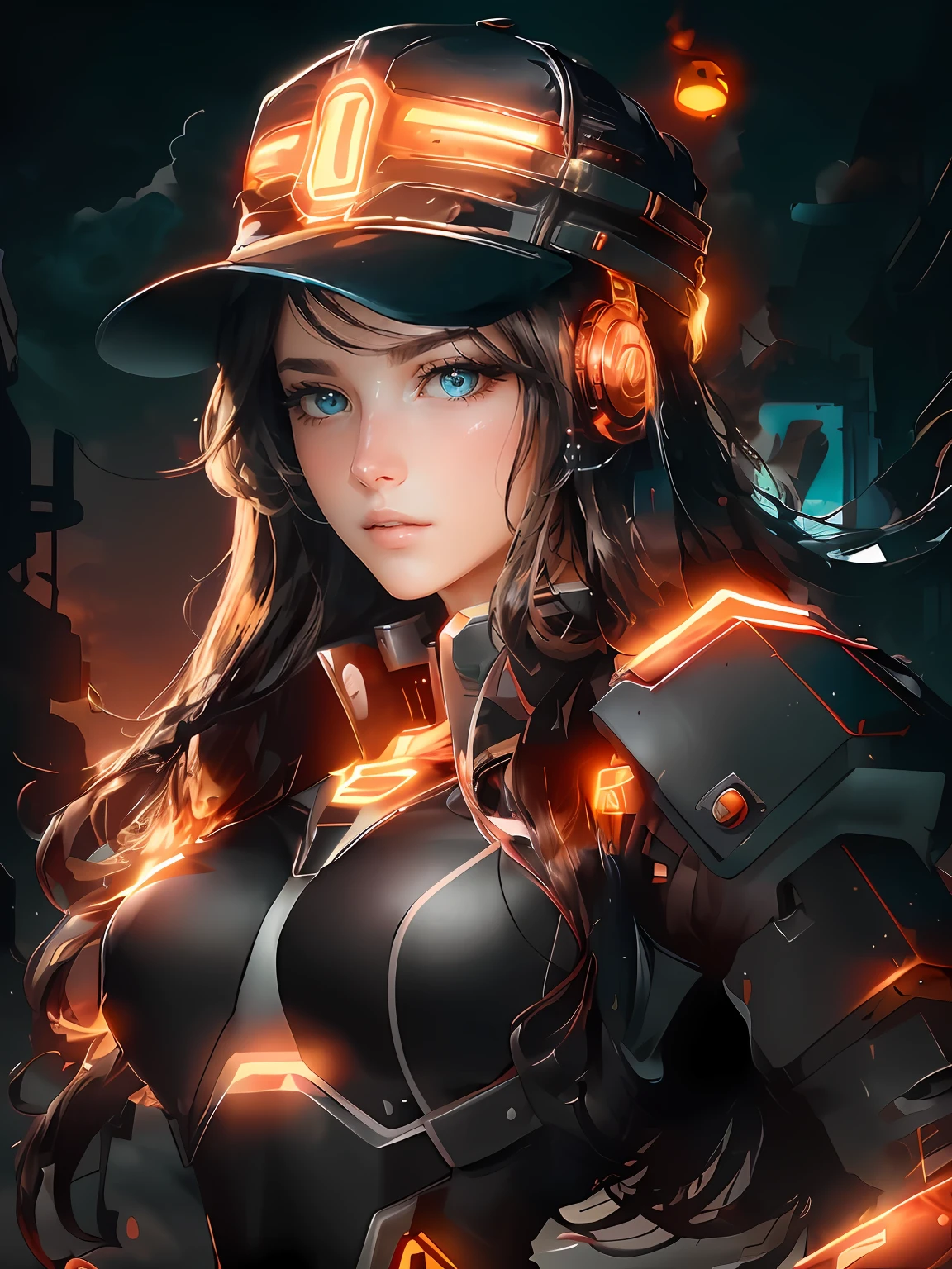 ((Best quality, 8K, Masterpiece: 1.3)), (Hat: 1.3), Focus: 1.2, Perfect body beauty: 1.4, buttocks: 1.2, (layered haircuts: 1.2)), (darkStreet: 1.3), Highly detailed face and skin texture, Fine eyes, Double eyelids, Whitens the skin, Long hair, (face round: 1...,cyber punk perssonage,Mecha technology,sci-fy,Realiy,Real Human
