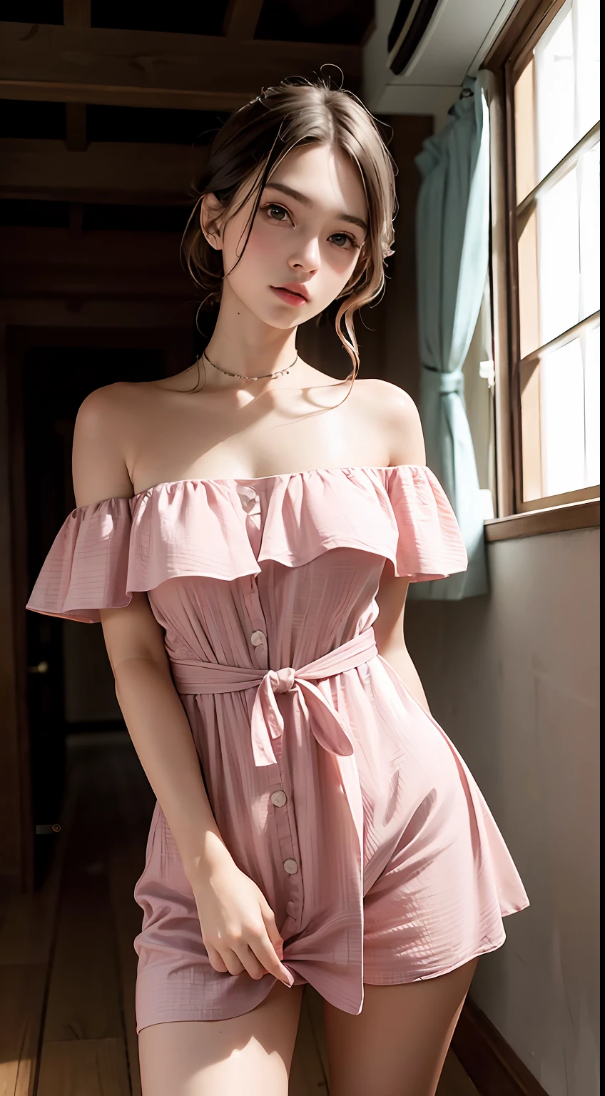 Best Quality, Masterpiece, Ultra High Resolution, (Realisticity: 1.4), Original Photo, 1girl, Pink Off-the-Shoulder, Cinematic Lighting