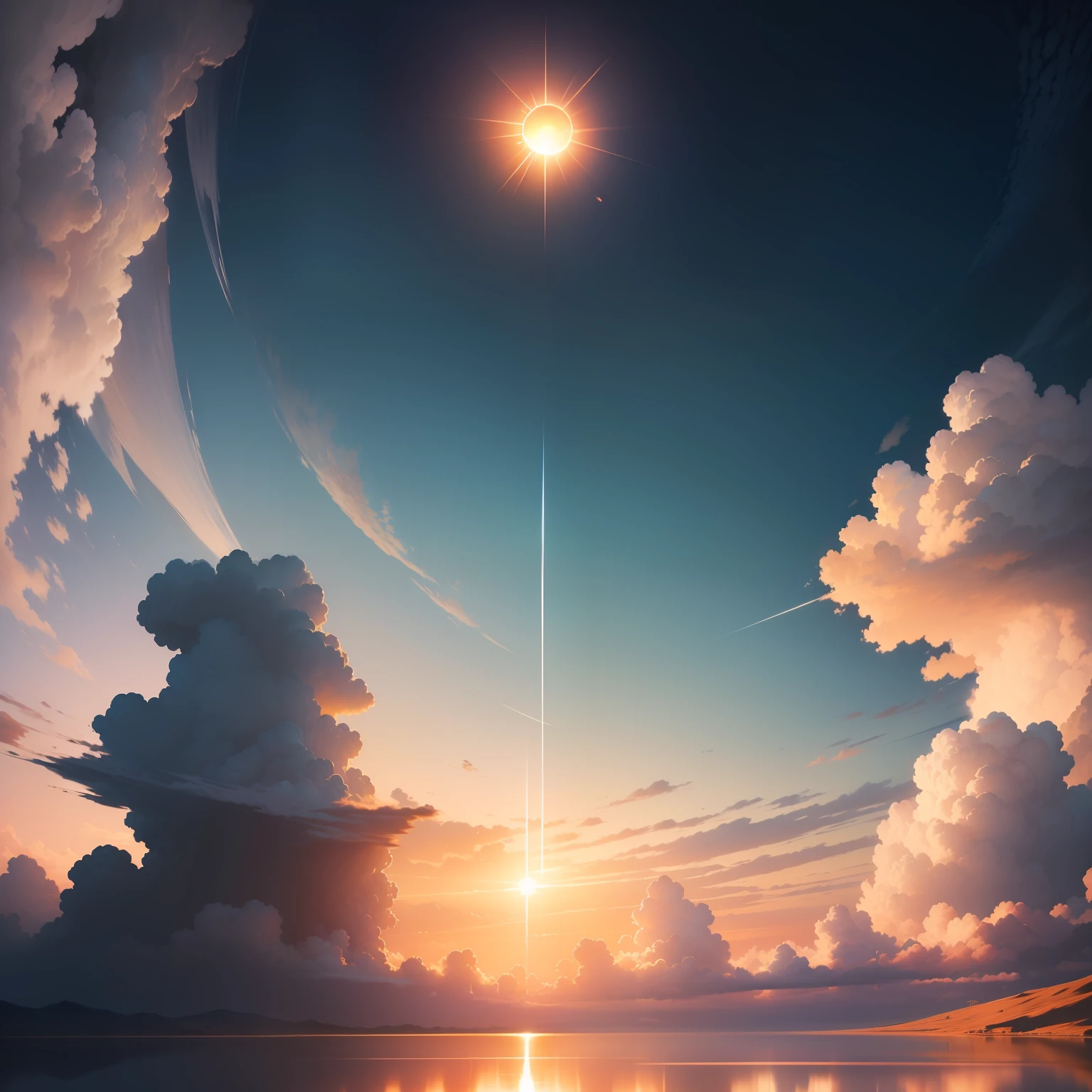 ​masterpiece, top-quality, (extremely detailed CG unified 8k wallpaper) (top-quality), (The best illustrations), (best shade)、Super Meticulous, blue-sky、Variety of clouds、Wonderfully beautiful、nostalgic、Looking up at the sky、Reflection of the Sun、Landscape only