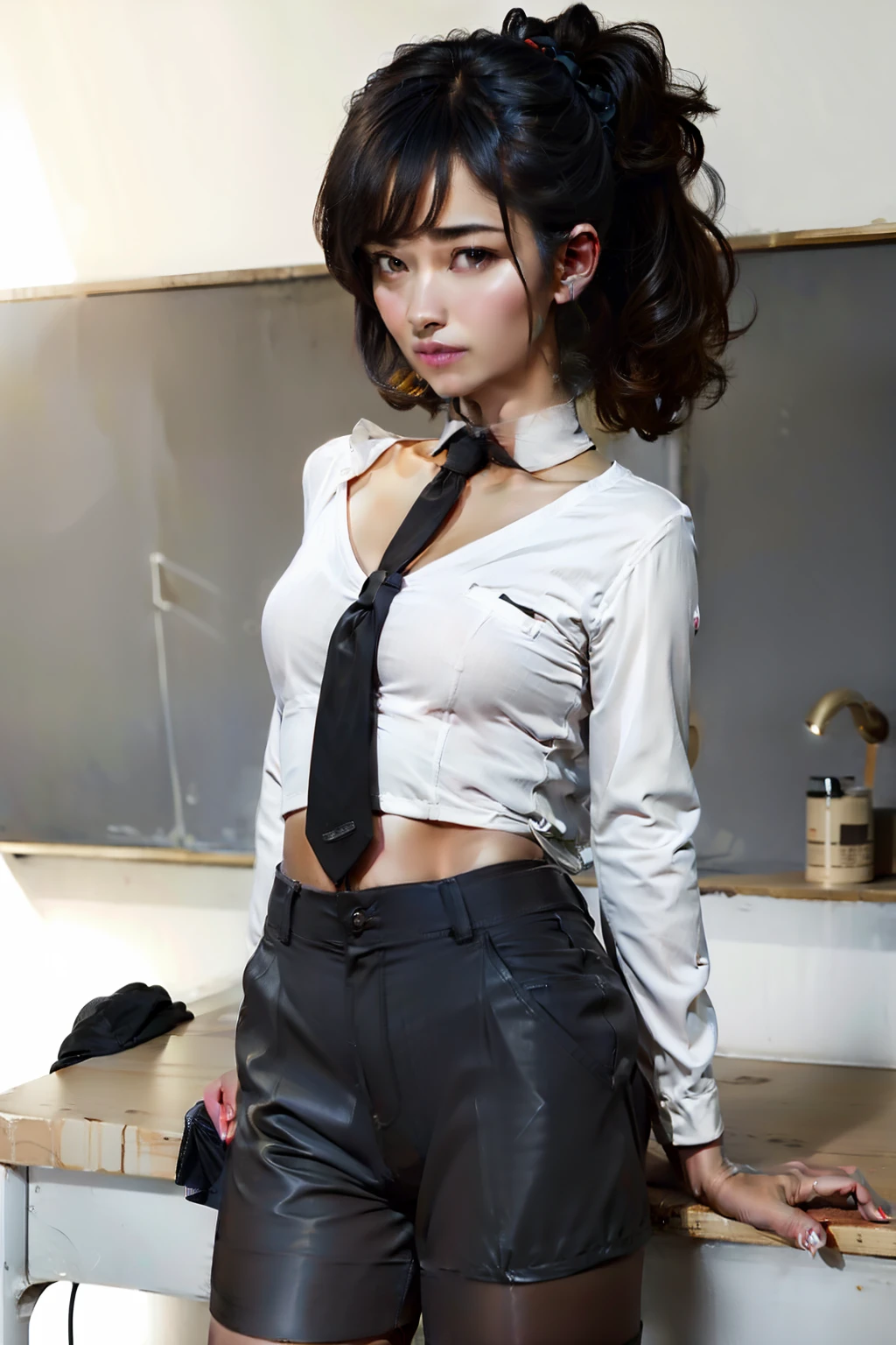 white hair, black shirt, shorts.