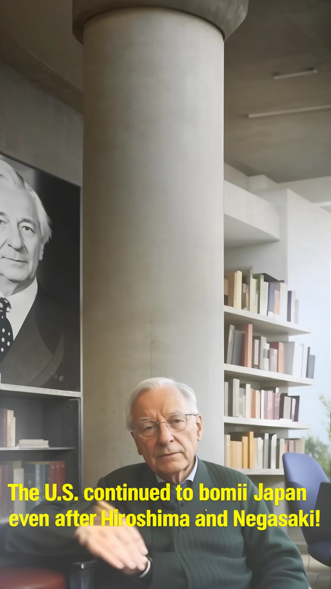 there is a man sitting in front of a concrete pillar, video still, inspired by István Regős, inspired by Heinz Edelman, documentary still, carl gustav, youtube video screenshot, person in foreground, inspired by John Haberle, alice hunt and peter hurd, watch photo, louis kahn, in a library, taken in the early 2020s