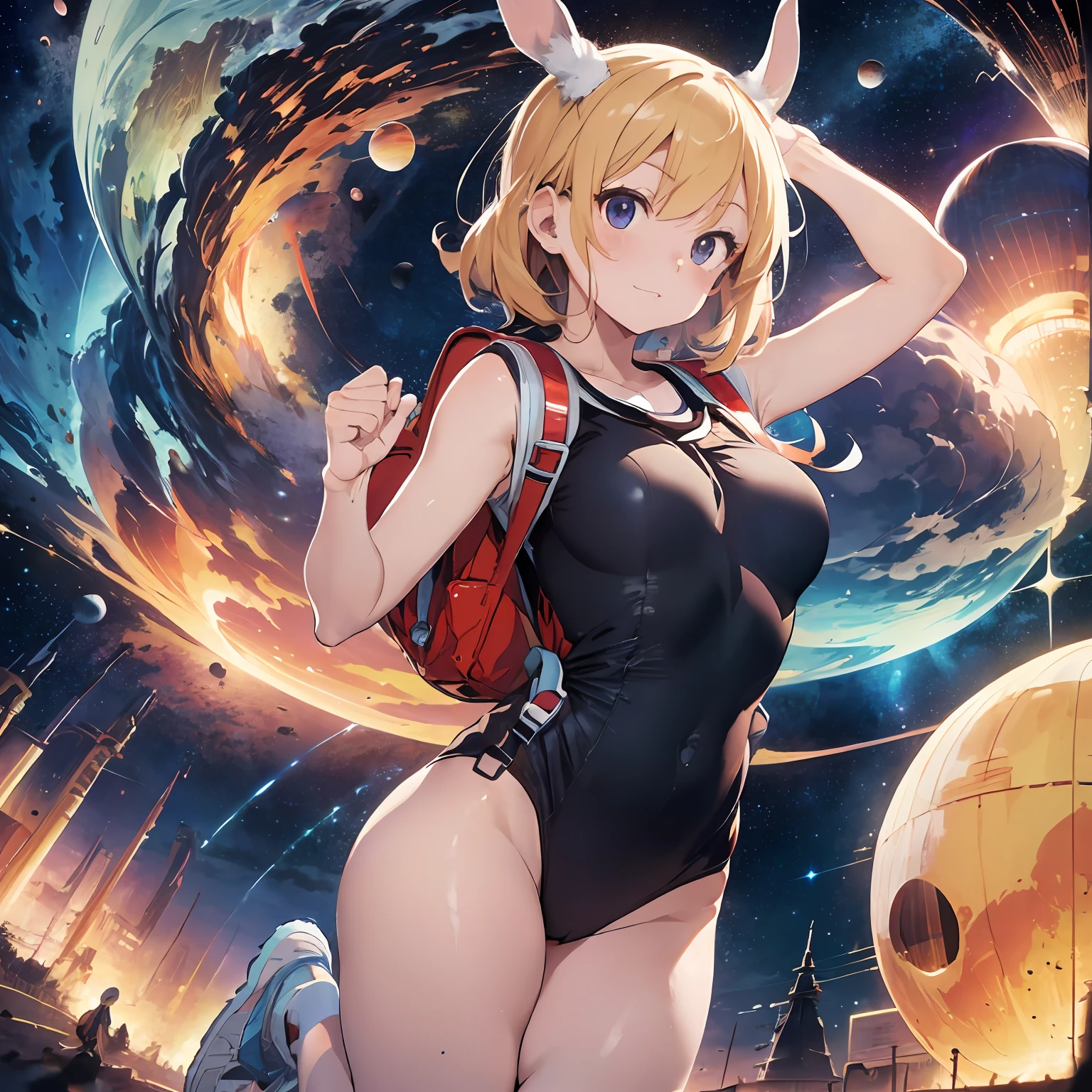 Punching、Fist rainbow effect、duel、rainboweffect、The background is outer space、space walk、Space debris is floating、Active Pose、(Fractal Bodysuit:1.3)、Bodysuit and sleeveless sailor suit fusion、Fractal Multicolor Running Shoes、Thick eyebrows、Chest、(Huge backpack:1.5)、Giant comets、Beautiful blonde hair、Rabbit ears、(masterpiece)、((top-quality))、(ultra-detailliert)、(in 8K)、Full Body Anime Girl、Clean and detailed anime face、High Resolution Anime Eyes、Beautiful fingers、Five Fingers、HighDynamicRange、The perfect human structure、