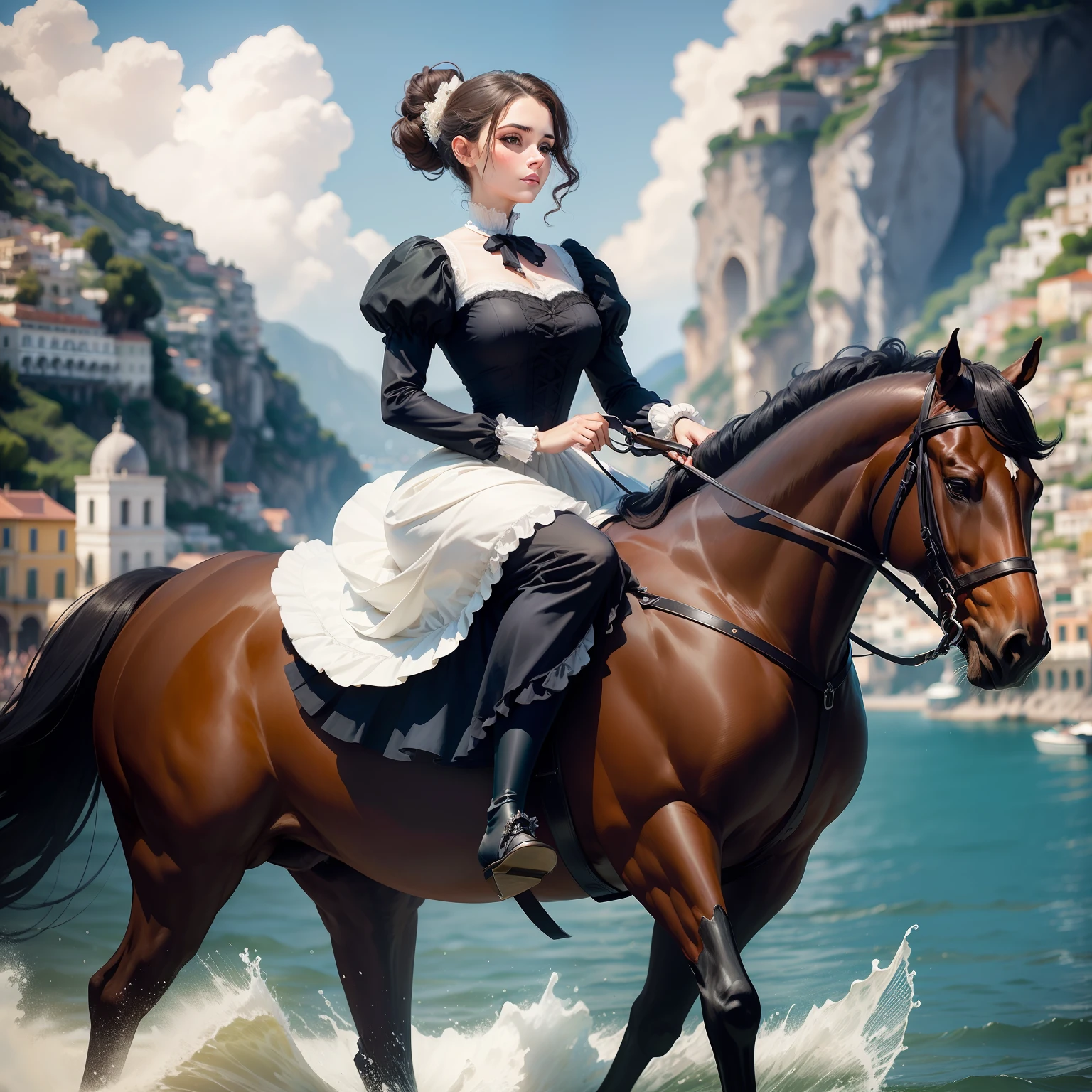 A graceful woman in a sexy Victorian dress elegantly horseback riding along the scenic waters of the Amalfi Coast.